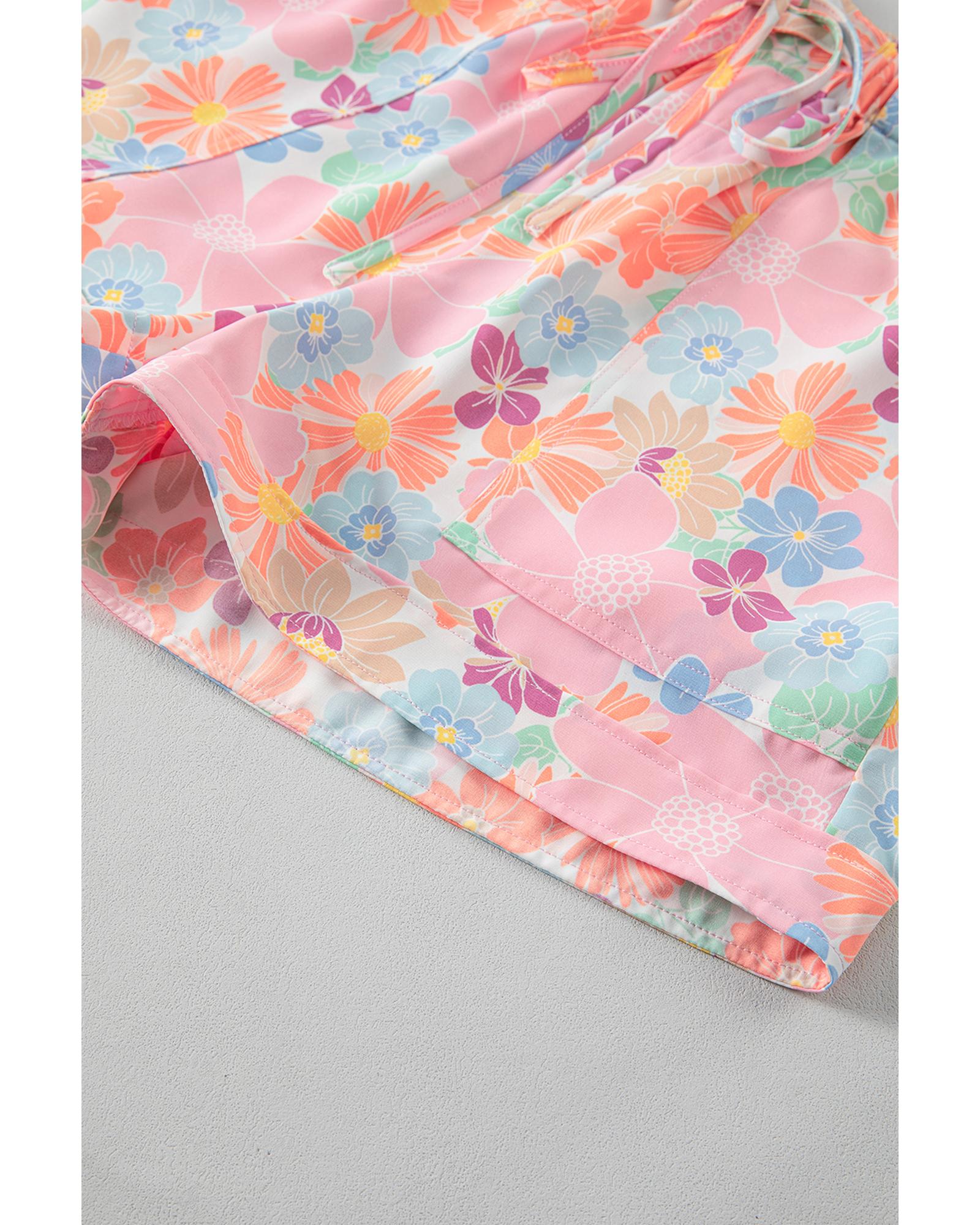 Pink Floral Print Side Pockets Drawstring Casual Shorts - L 6