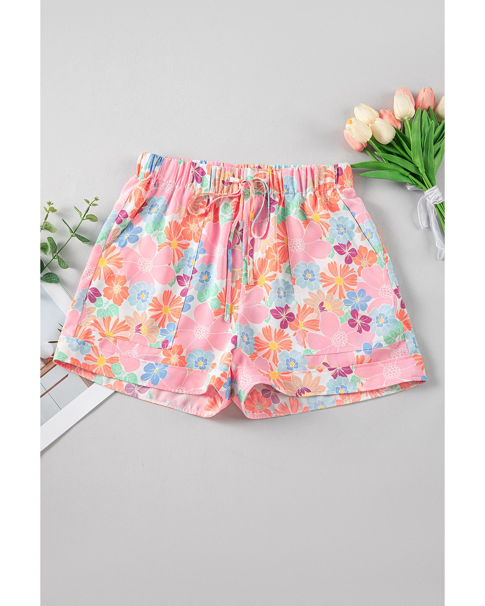 Pink Floral Print Side Pockets Drawstring Casual Shorts - M 4