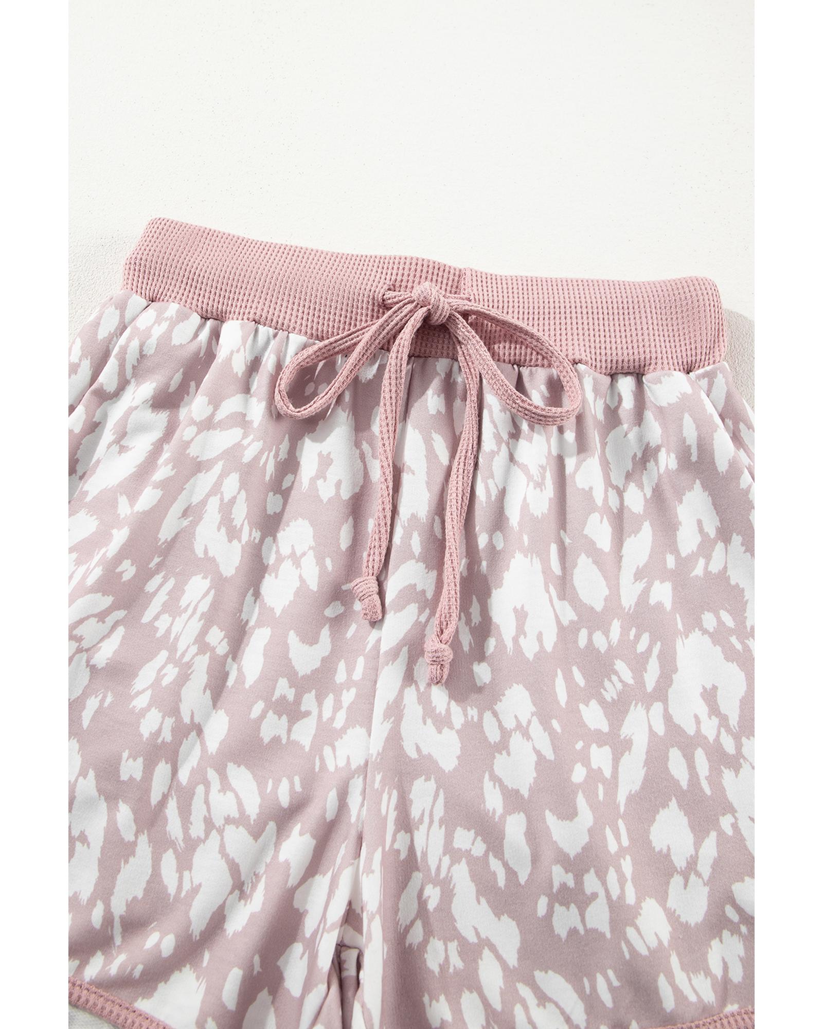 Khaki Classic Leopard Arched Hem Elastic Waist Casual Shorts - L 6