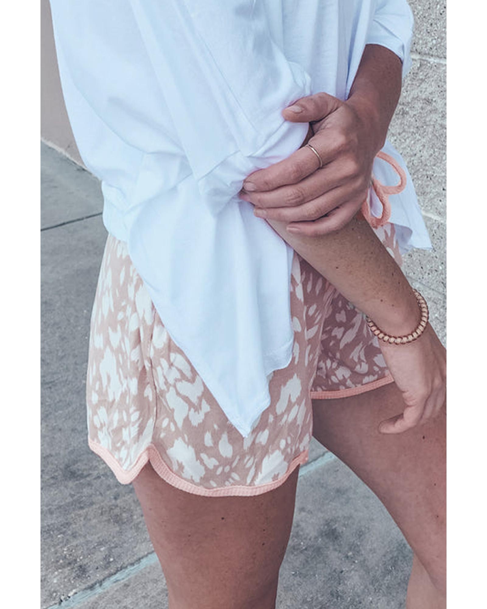 Khaki Classic Leopard Arched Hem Elastic Waist Casual Shorts - M