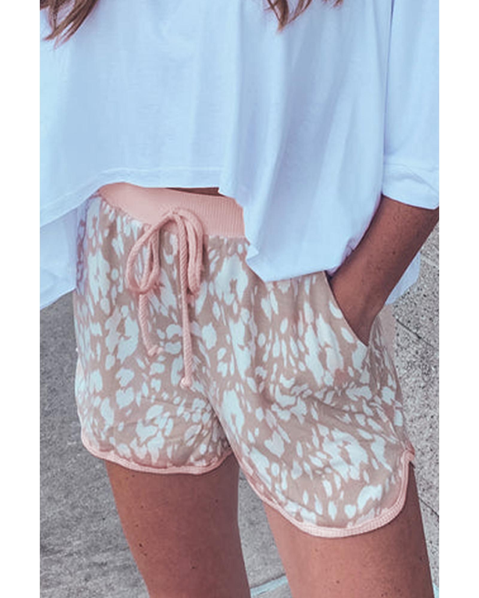 Khaki Classic Leopard Arched Hem Elastic Waist Casual Shorts - XL 3