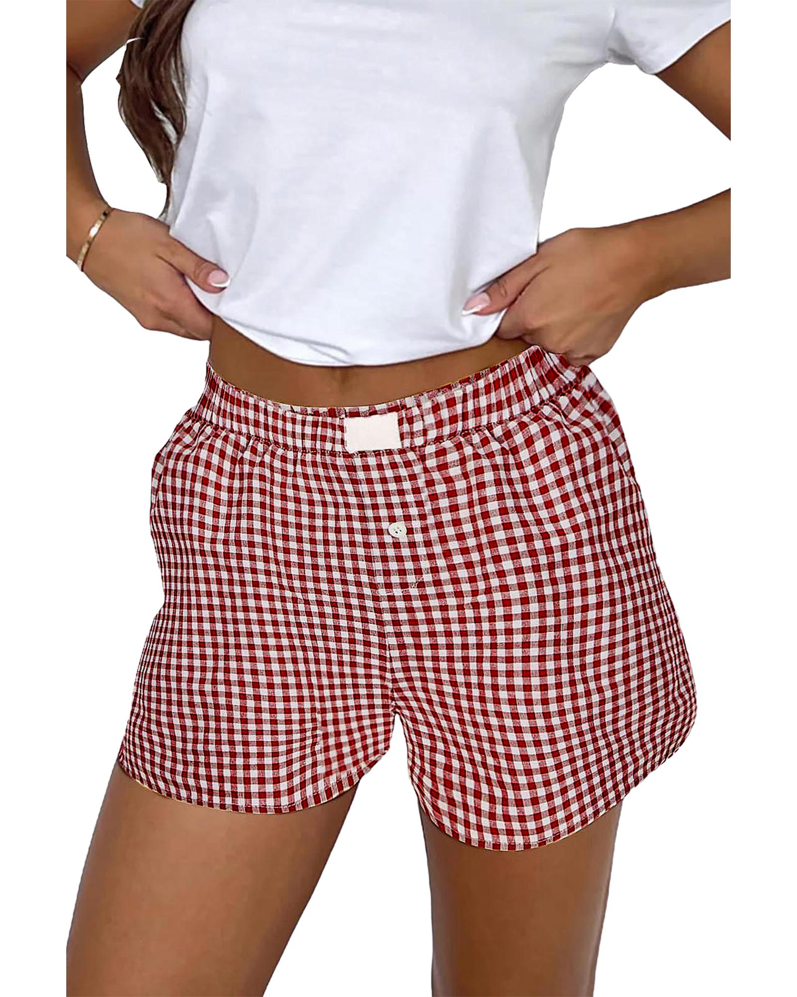 Red Plaid Gingham Printed High Waist Shorts - L 4