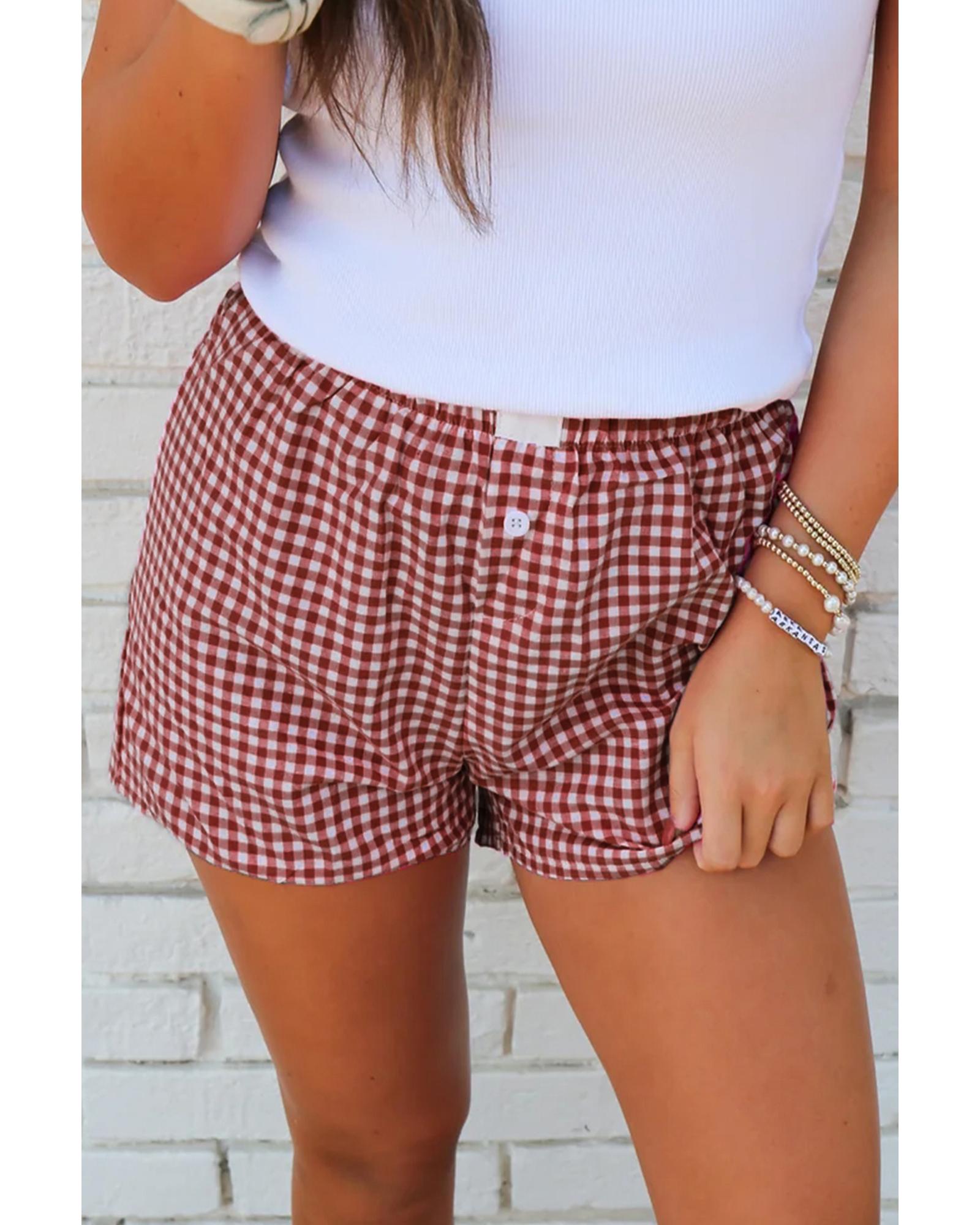 Red Plaid Gingham Printed High Waist Shorts - M 3