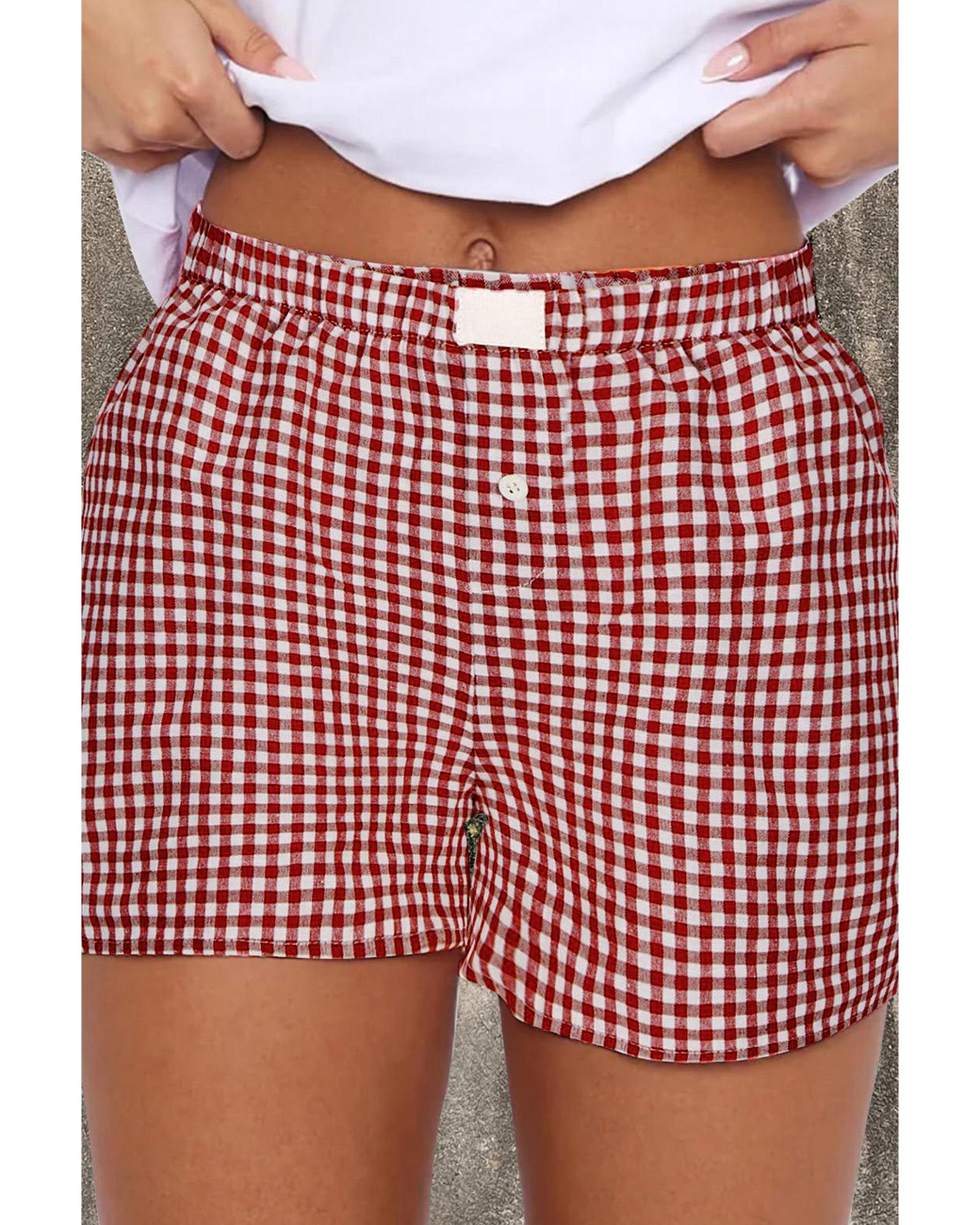 Red Plaid Gingham Printed High Waist Shorts - M 7