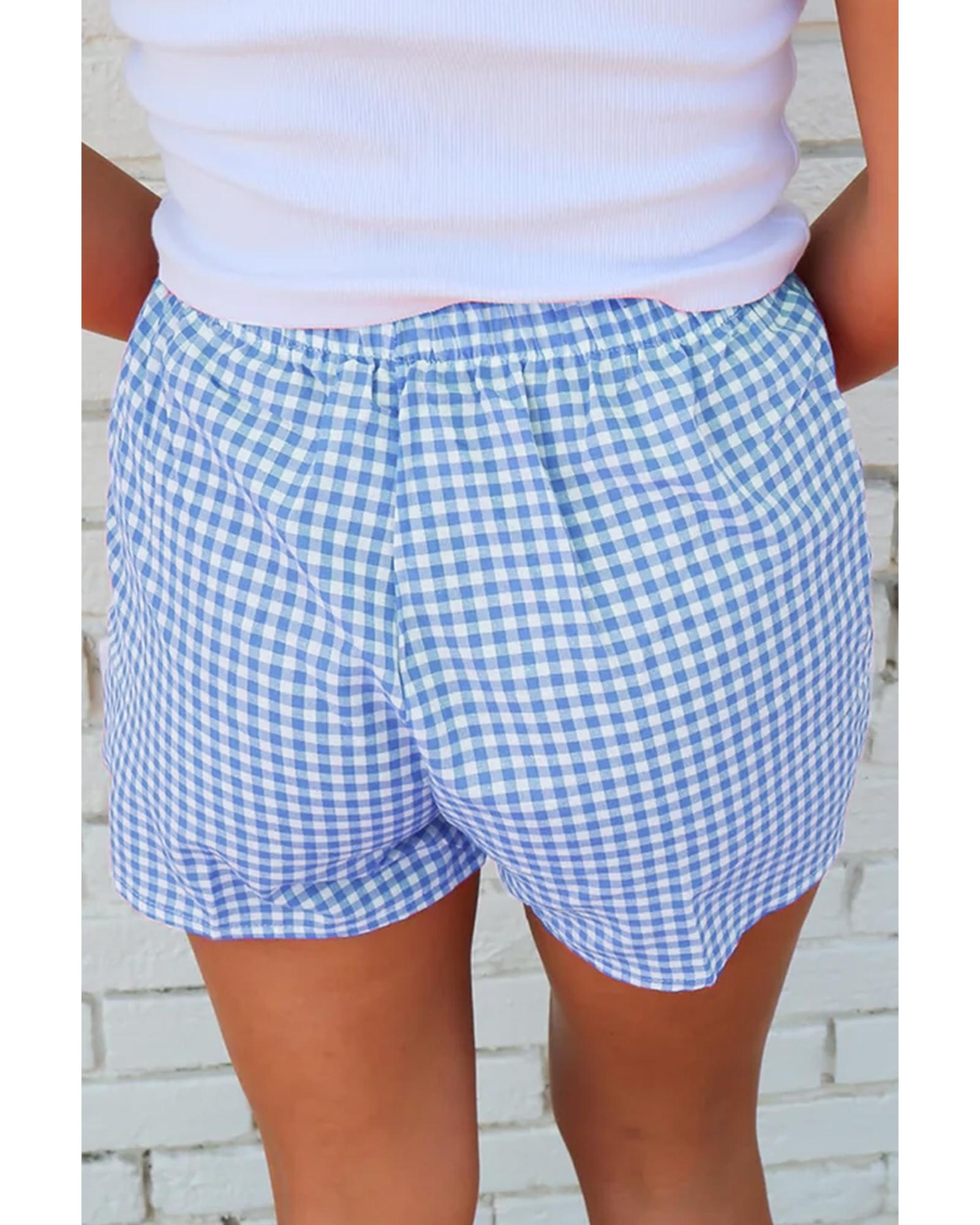 blue Red Plaid Gingham Printed High Waist Shorts - L