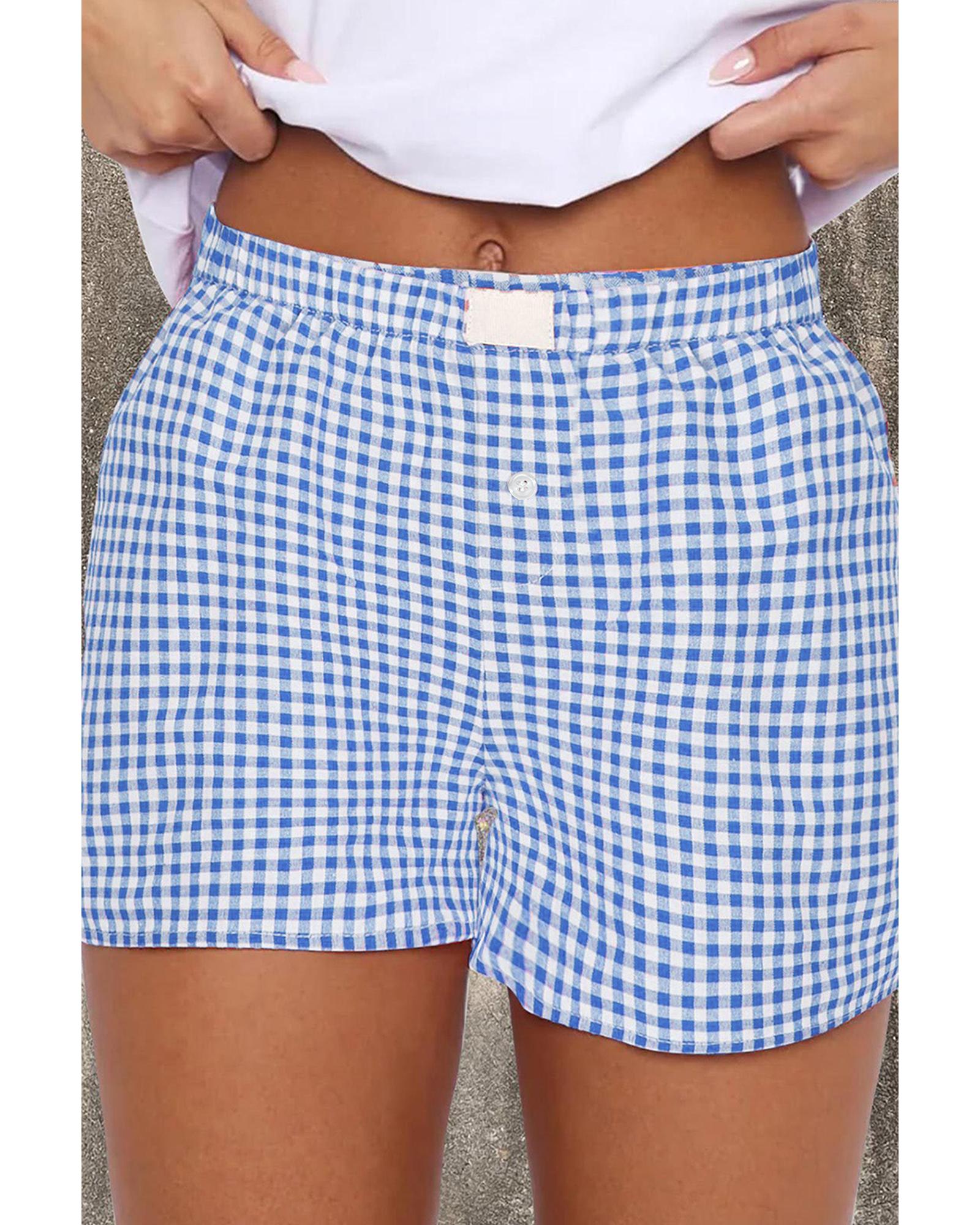 blue Red Plaid Gingham Printed High Waist Shorts - L 3