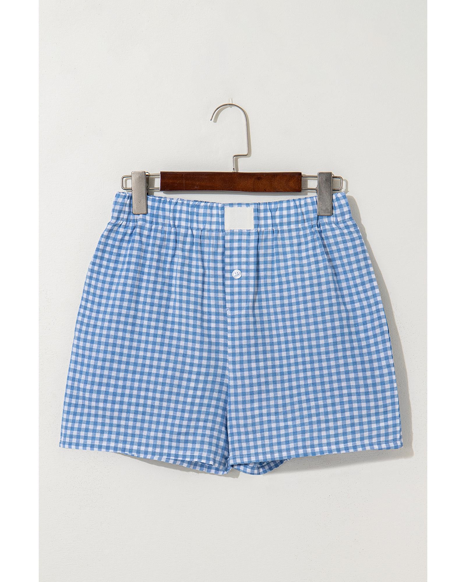blue Red Plaid Gingham Printed High Waist Shorts - L 4