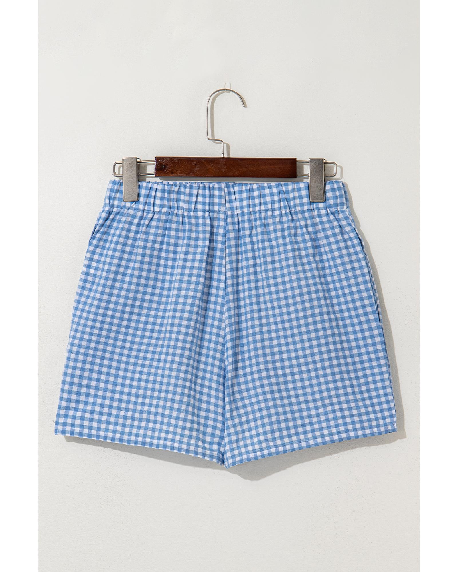 blue Red Plaid Gingham Printed High Waist Shorts - L 5