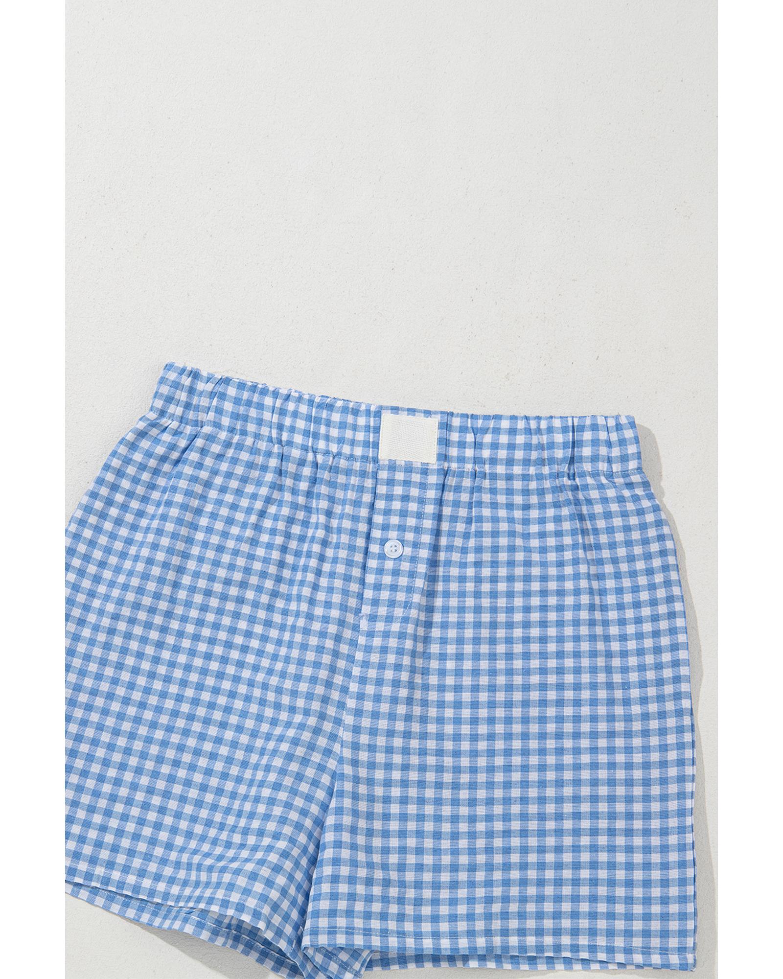blue Red Plaid Gingham Printed High Waist Shorts - L 6