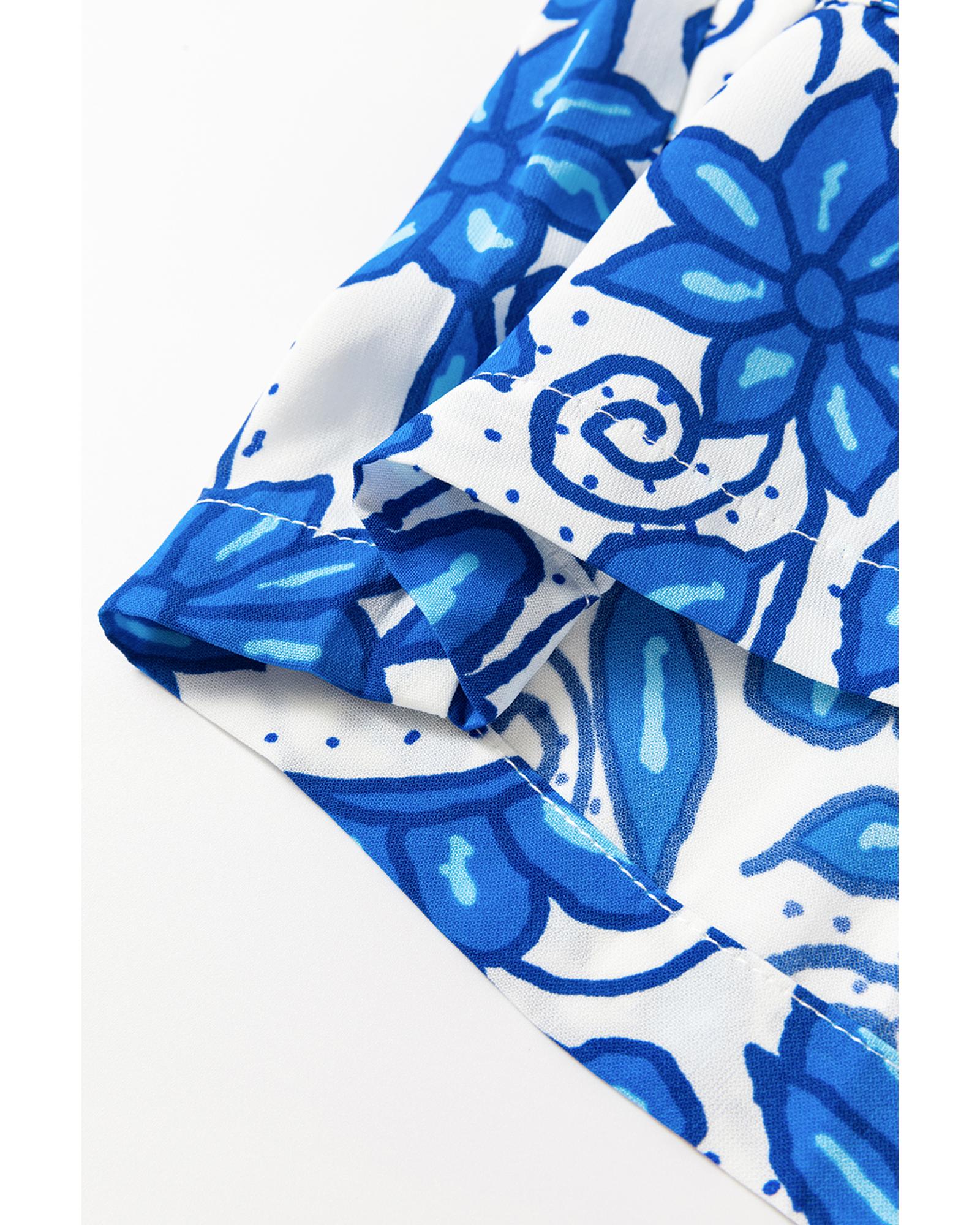 Blue Floral Print Pocketed Front Knot High Waist Casual Shorts - L 7
