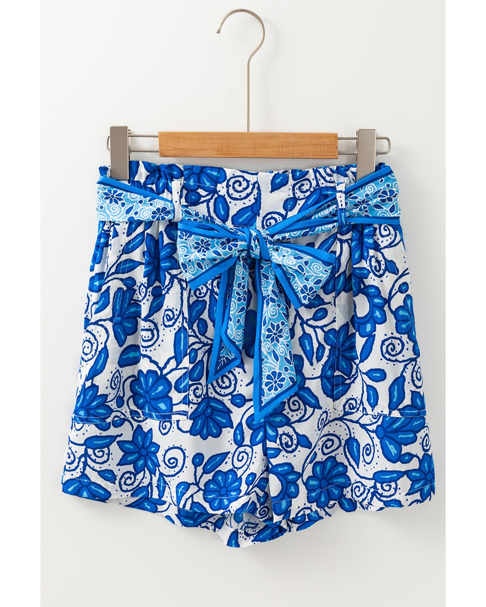 Blue Floral Print Pocketed Front Knot High Waist Casual Shorts - M 6