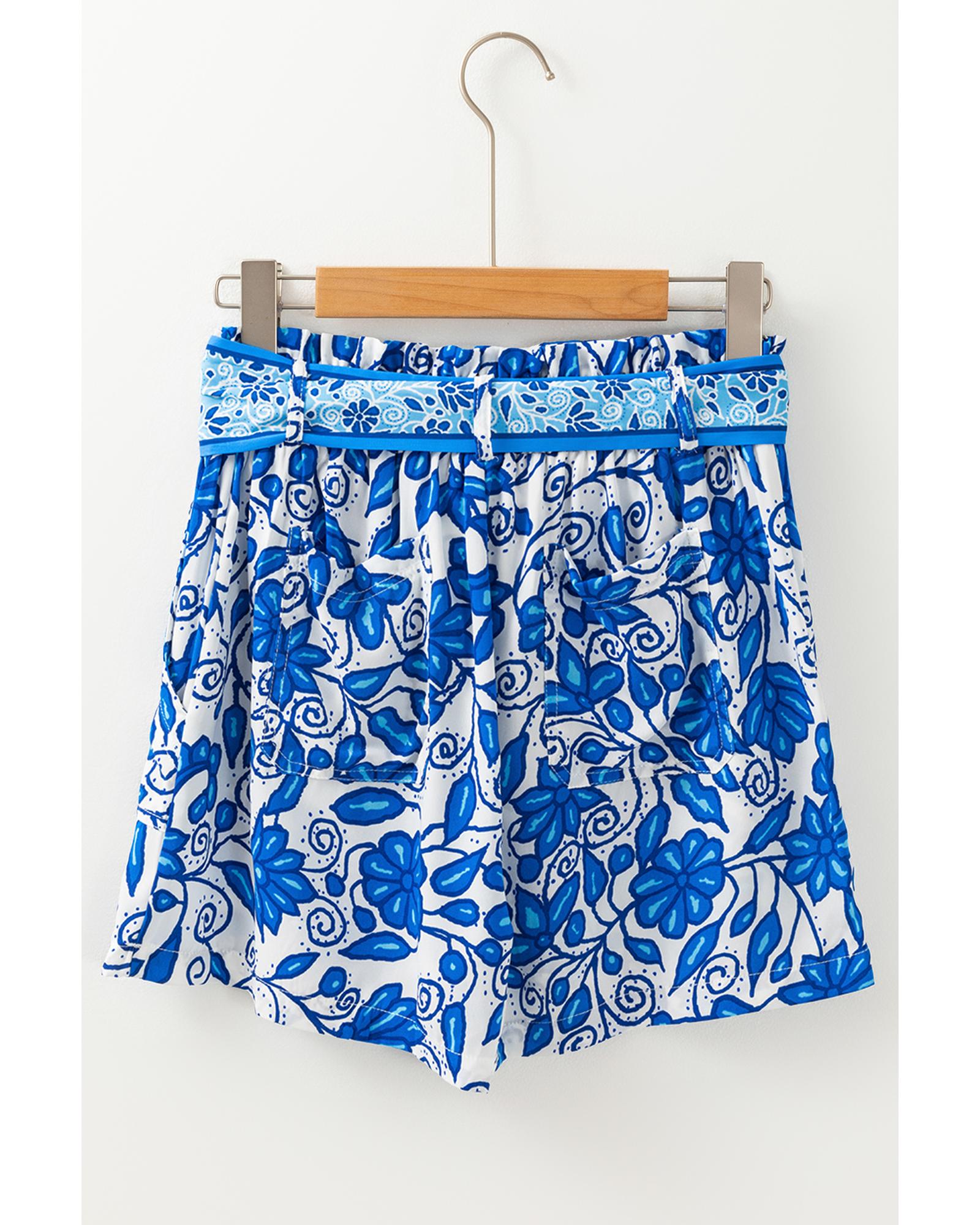 Blue Floral Print Pocketed Front Knot High Waist Casual Shorts - M 7