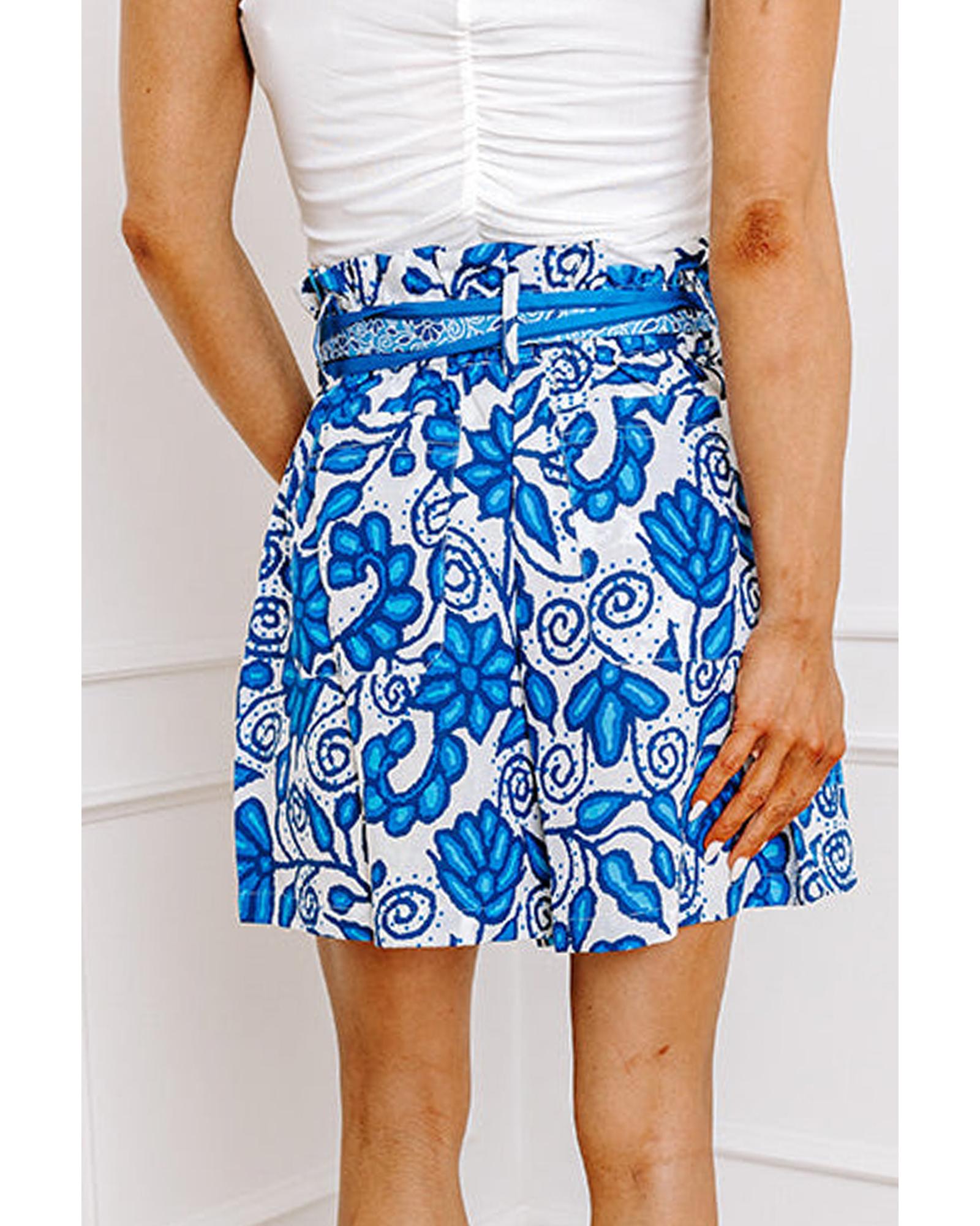 Blue Floral Print Pocketed Front Knot High Waist Casual Shorts - XL