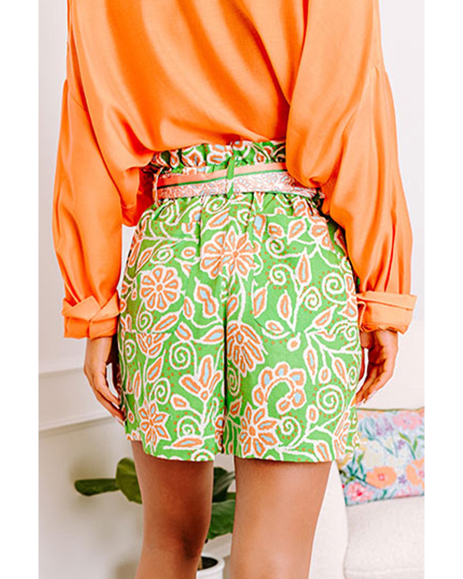 Green Floral Print Pocketed Front Knot High Waist Casual Shorts - L 3