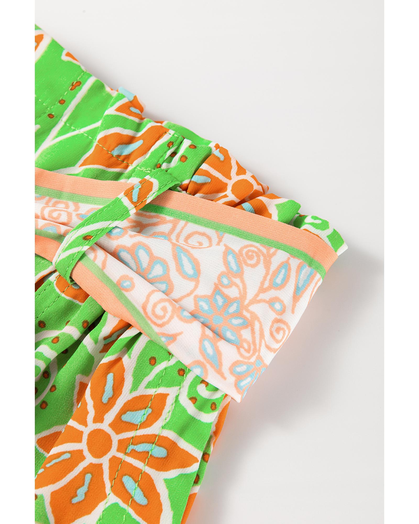 Green Floral Print Pocketed Front Knot High Waist Casual Shorts - M 5
