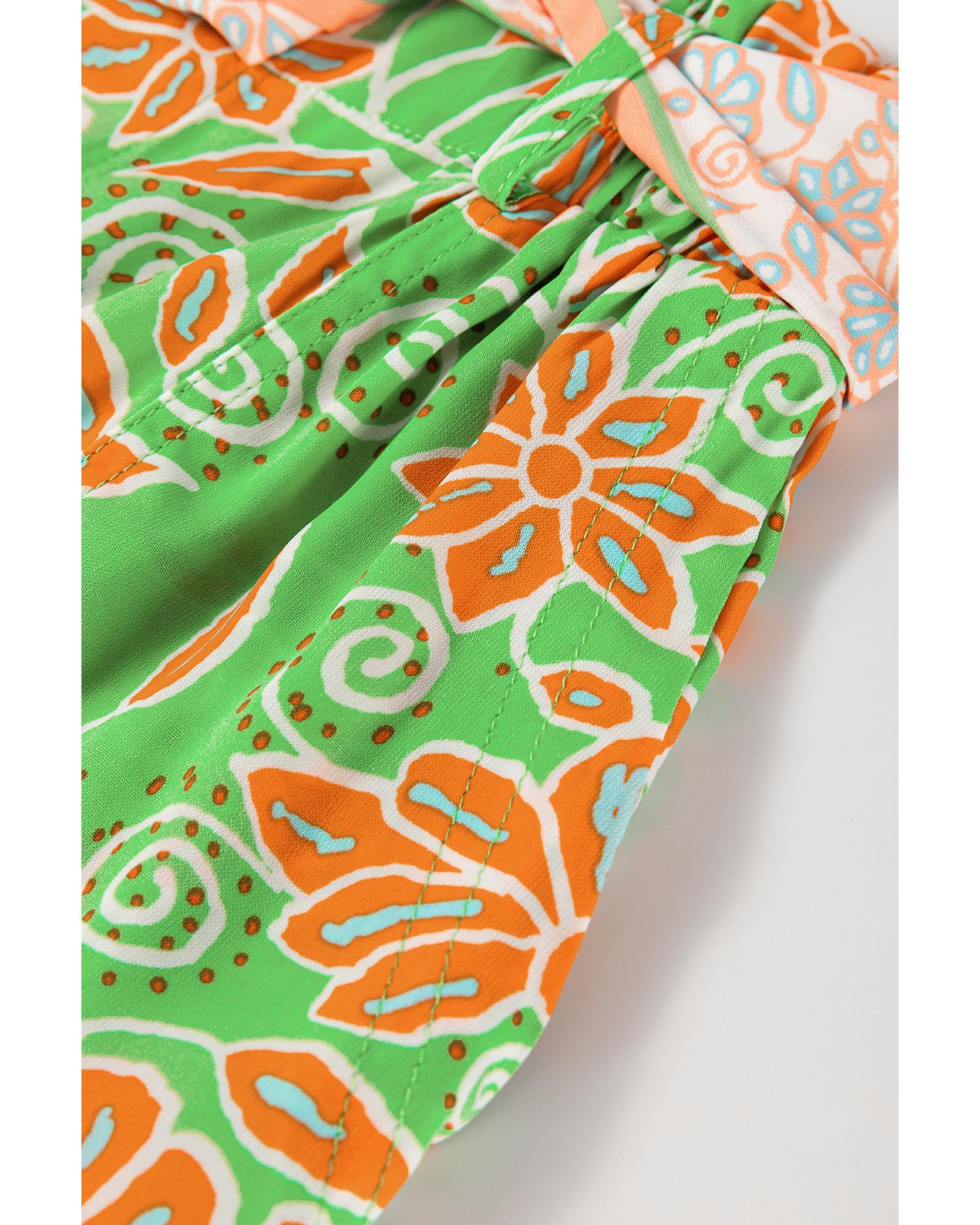 Green Floral Print Pocketed Front Knot High Waist Casual Shorts - M 7