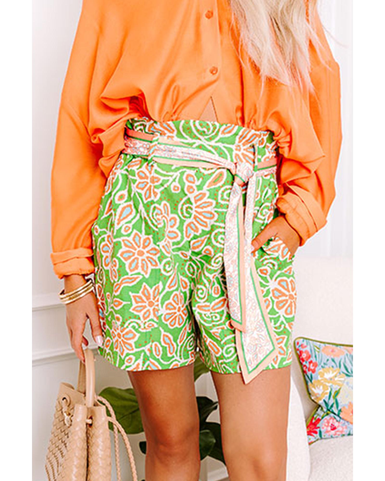 Green Floral Print Pocketed Front Knot High Waist Casual Shorts - S