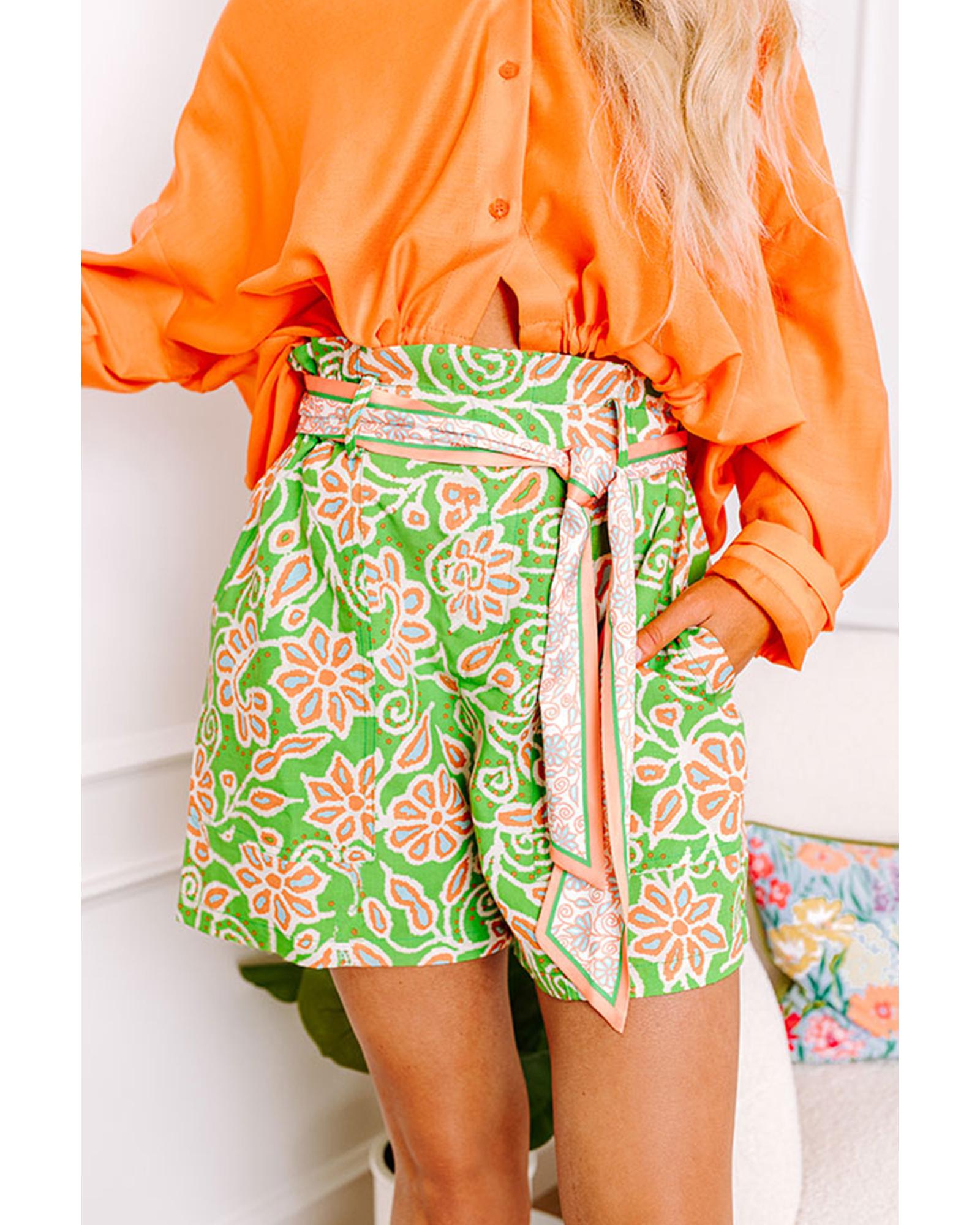 Green Floral Print Pocketed Front Knot High Waist Casual Shorts - XL 3