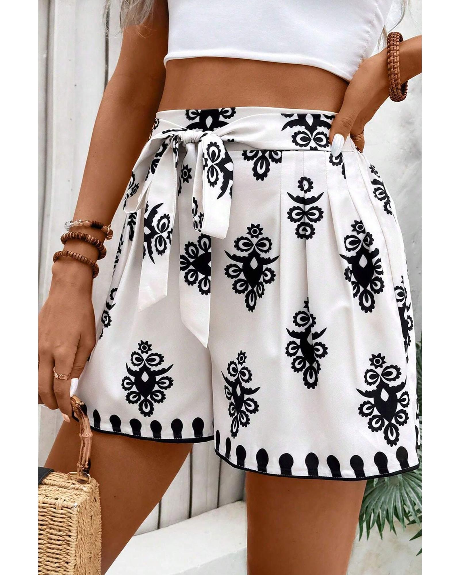 Black Tribal Geometric Print Belted High Waist Casual Shorts - L 4