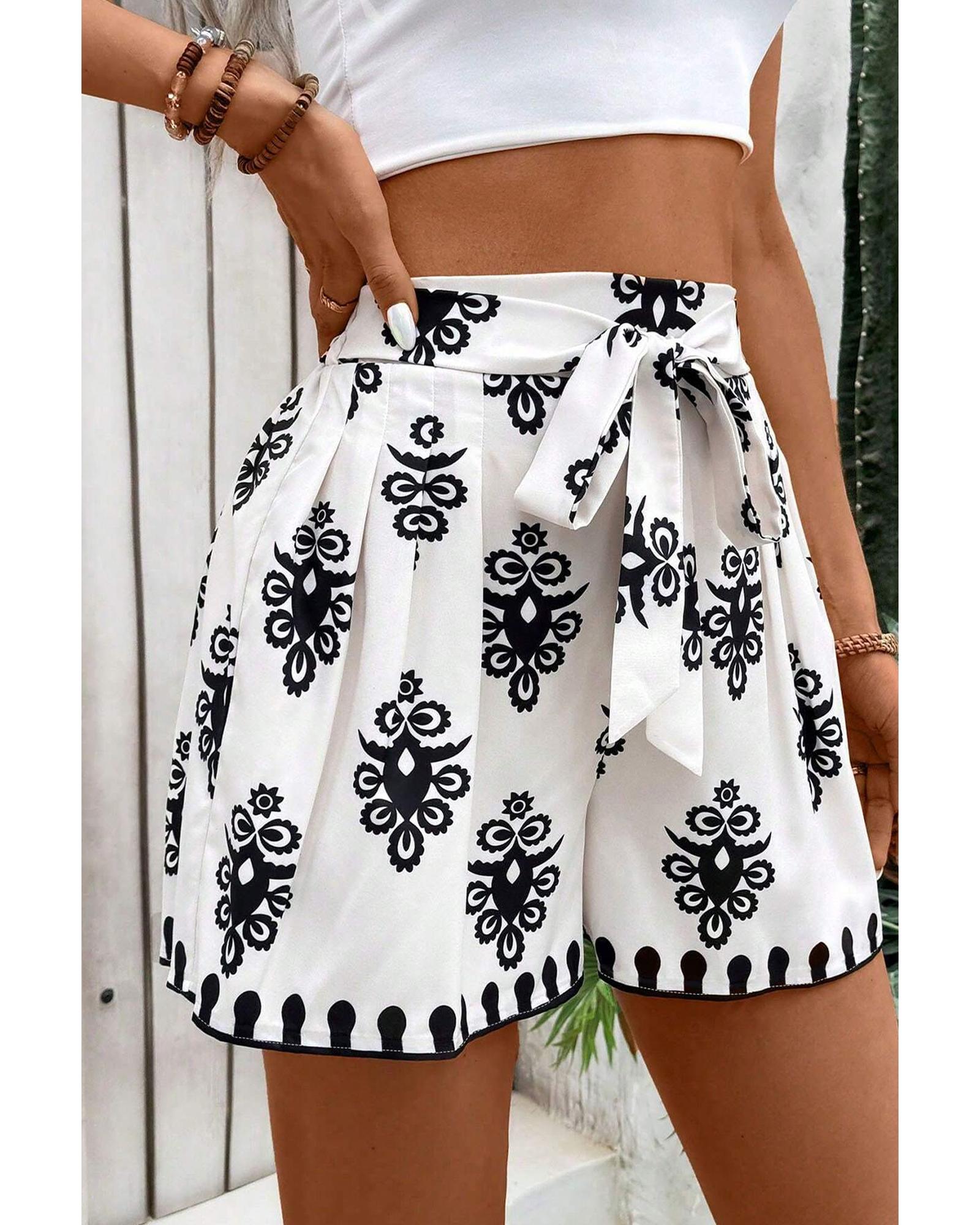 Black Tribal Geometric Print Belted High Waist Casual Shorts - L 6