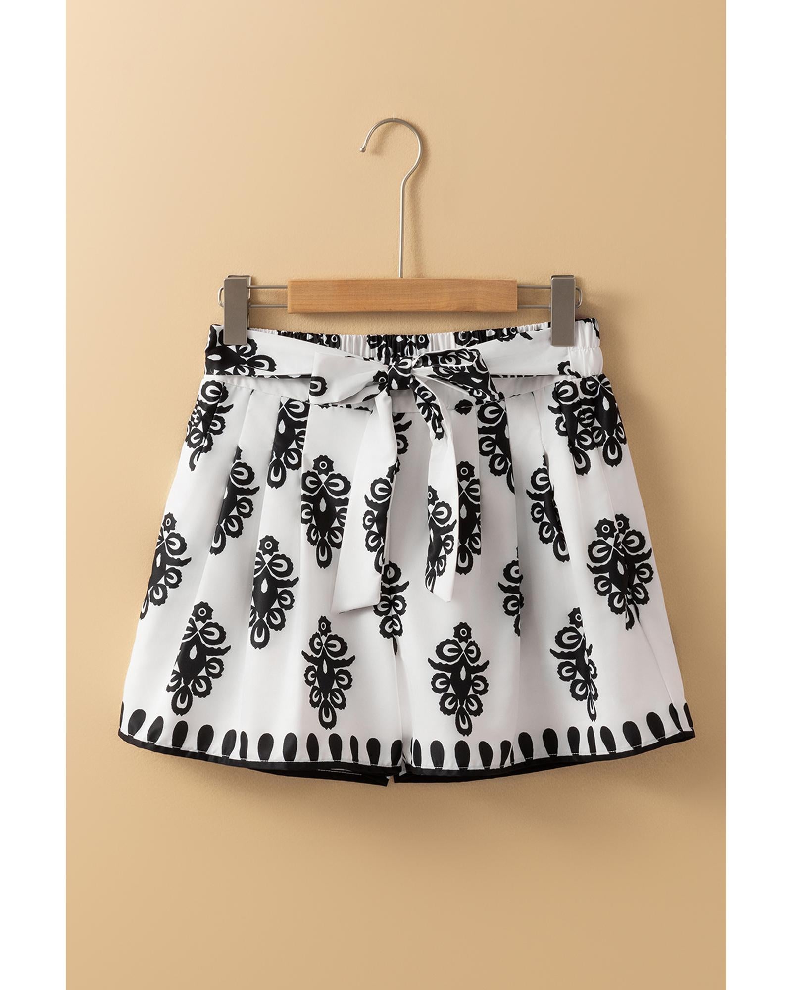 Black Tribal Geometric Print Belted High Waist Casual Shorts - L 7