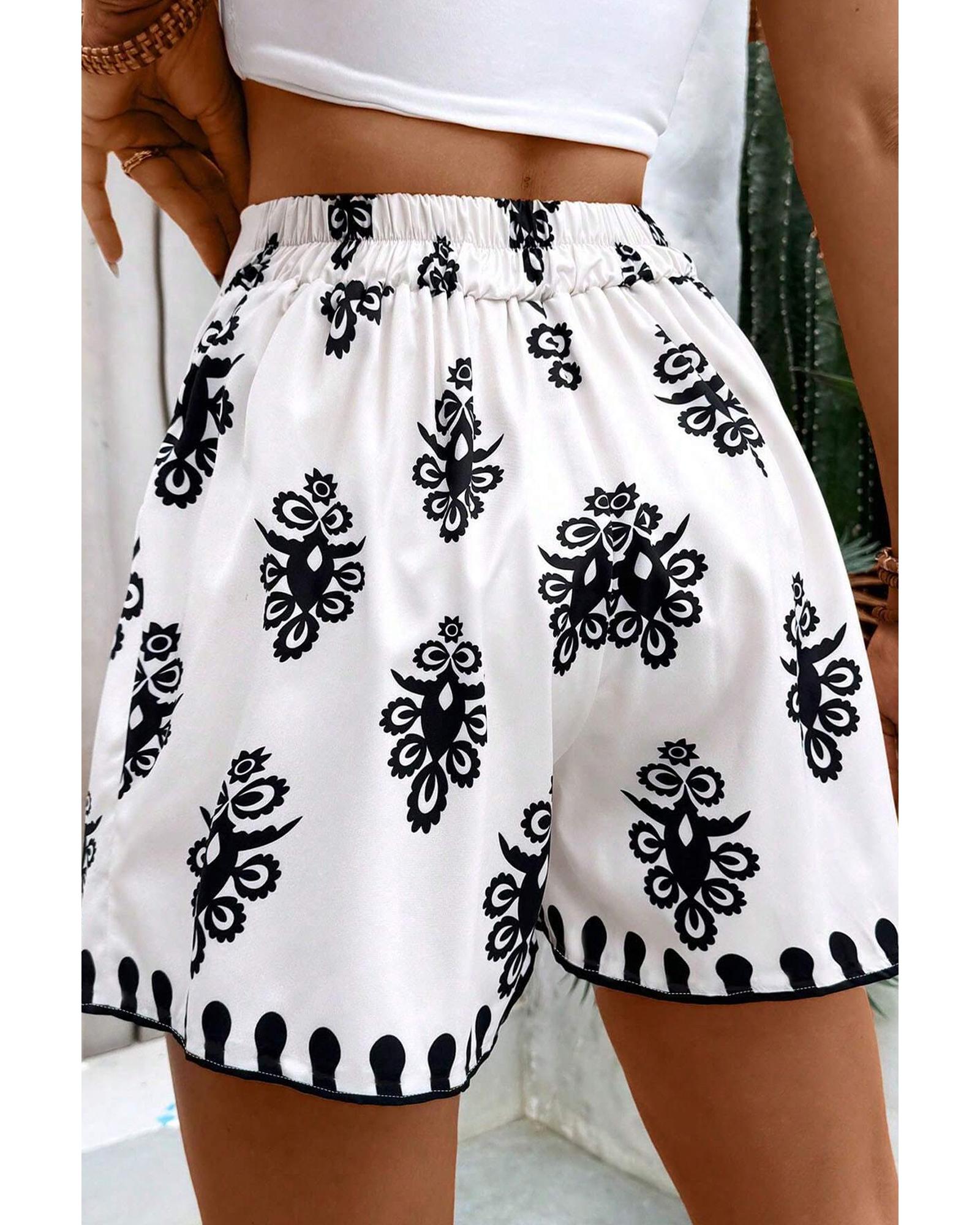 Black Tribal Geometric Print Belted High Waist Casual Shorts - XL