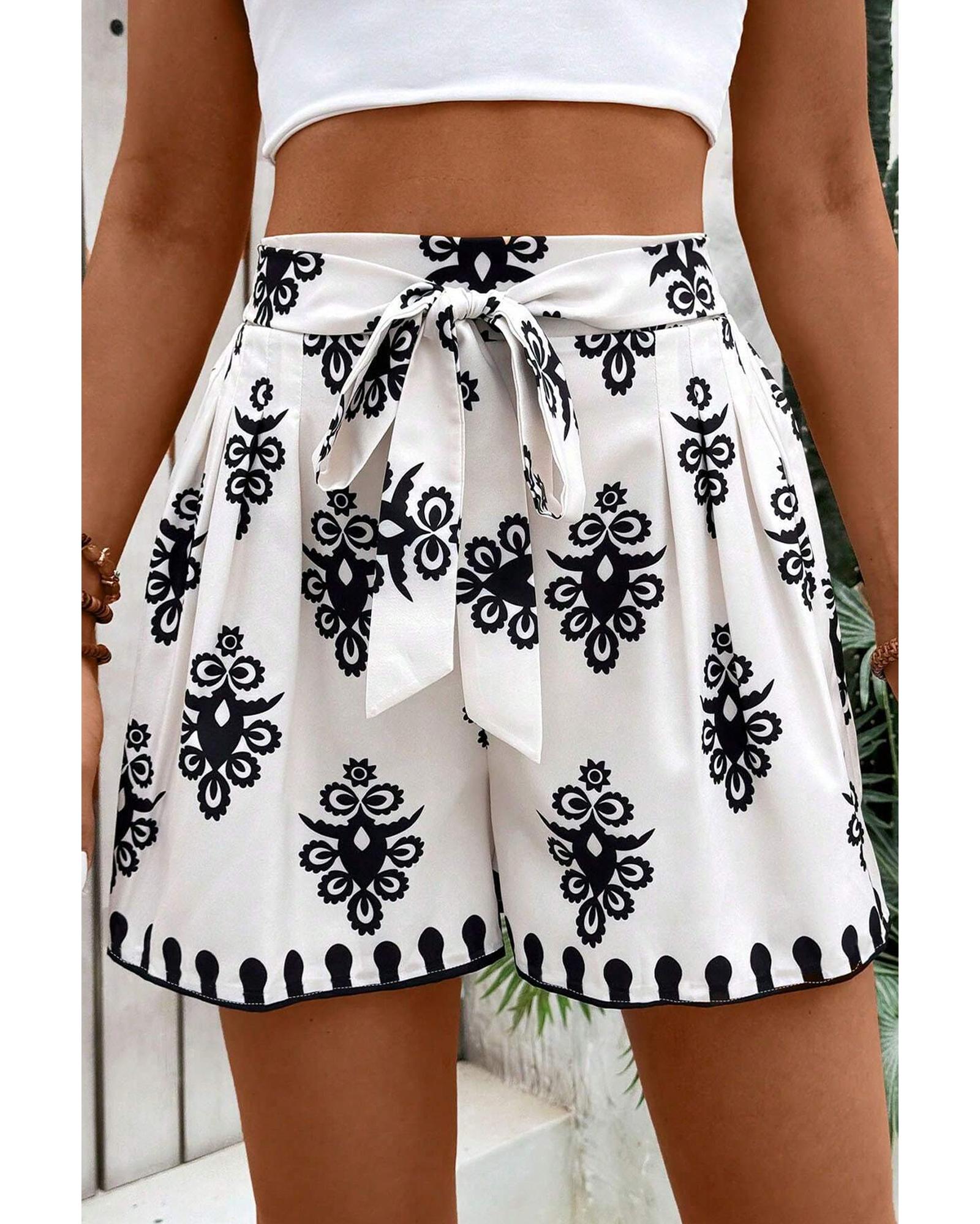 Black Tribal Geometric Print Belted High Waist Casual Shorts - XL 3