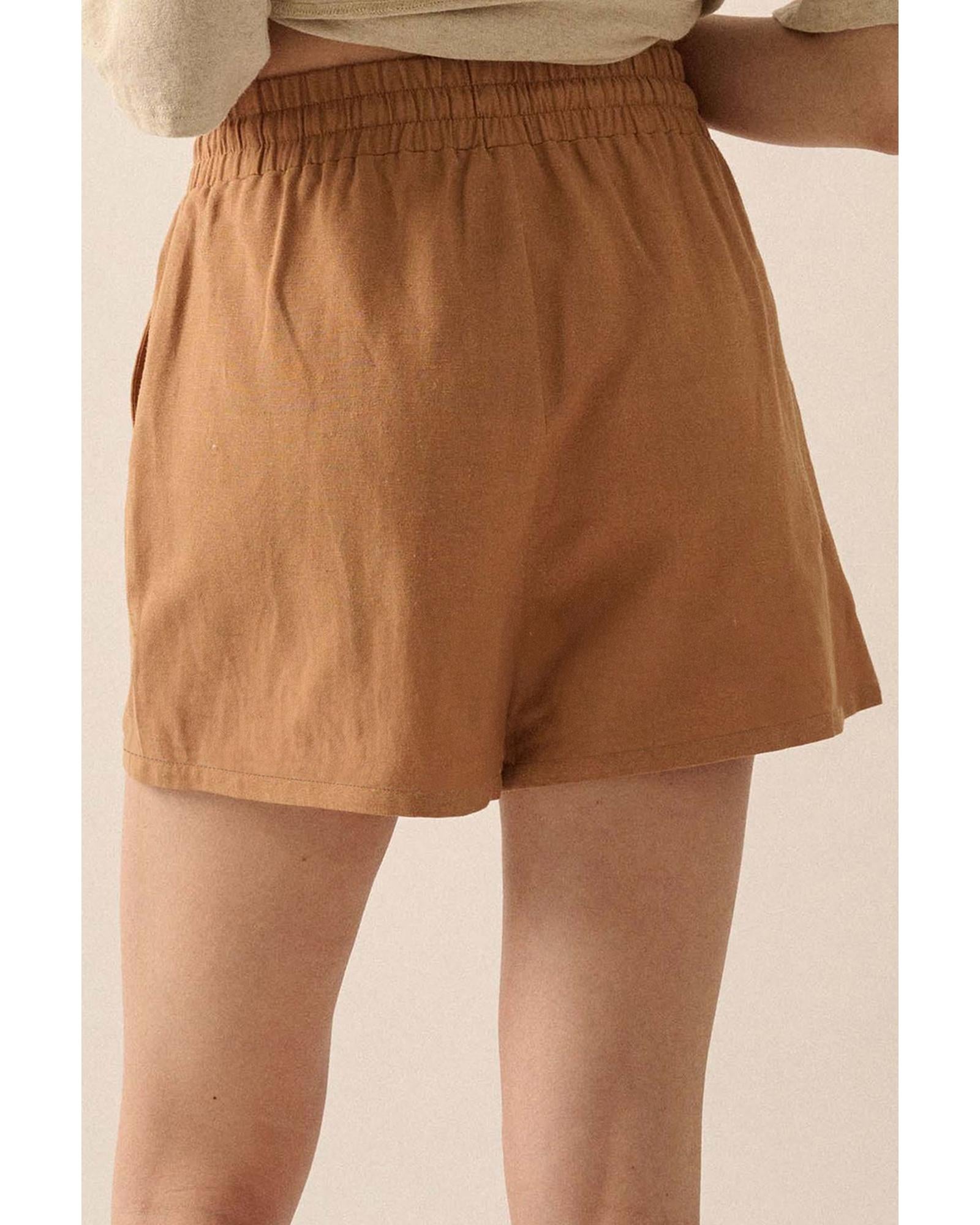 Khaki Embroidered Boho Tasseled Drawstring Elastic Waist Casual shorts - L