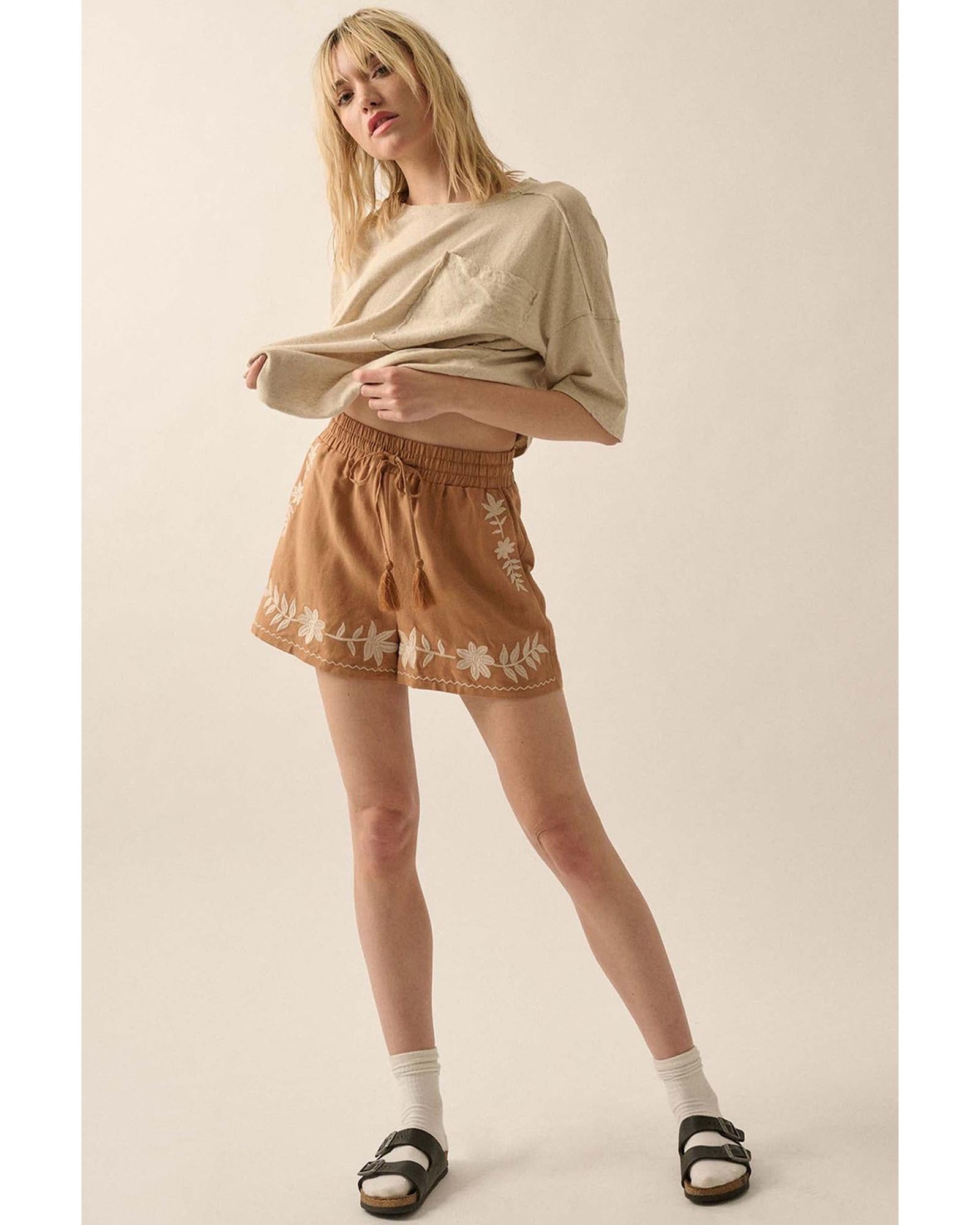 Khaki Embroidered Boho Tasseled Drawstring Elastic Waist Casual shorts - L 5