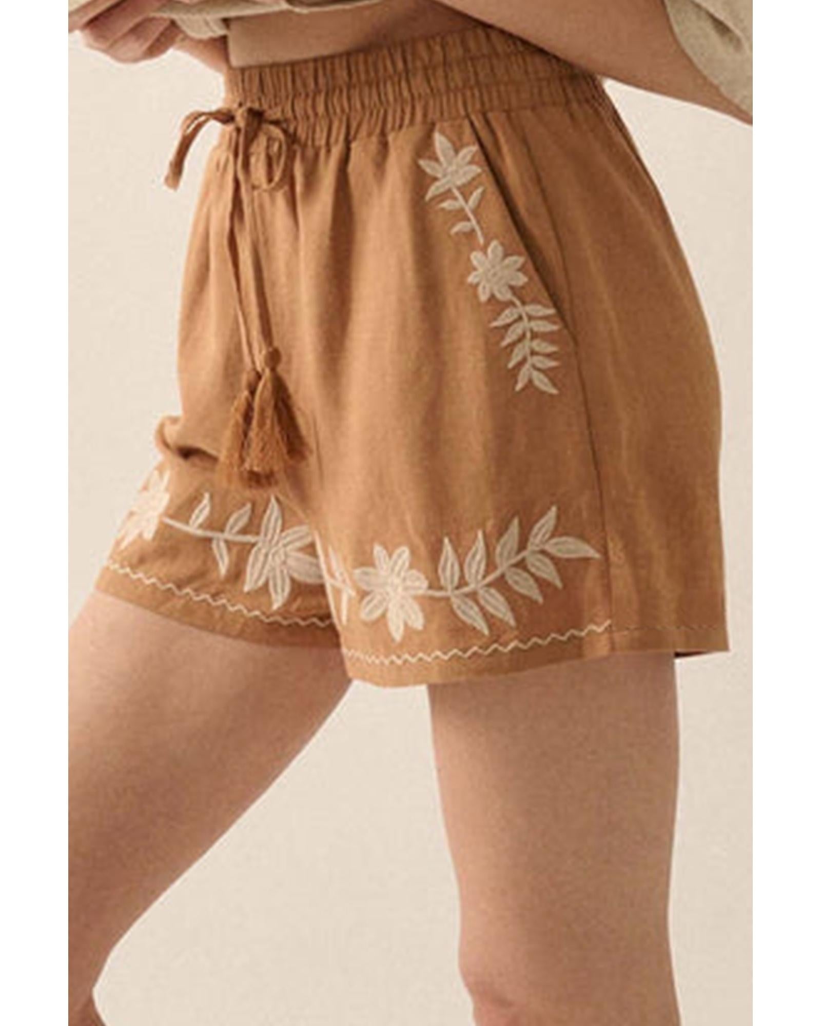 Khaki Embroidered Boho Tasseled Drawstring Elastic Waist Casual shorts - M 3