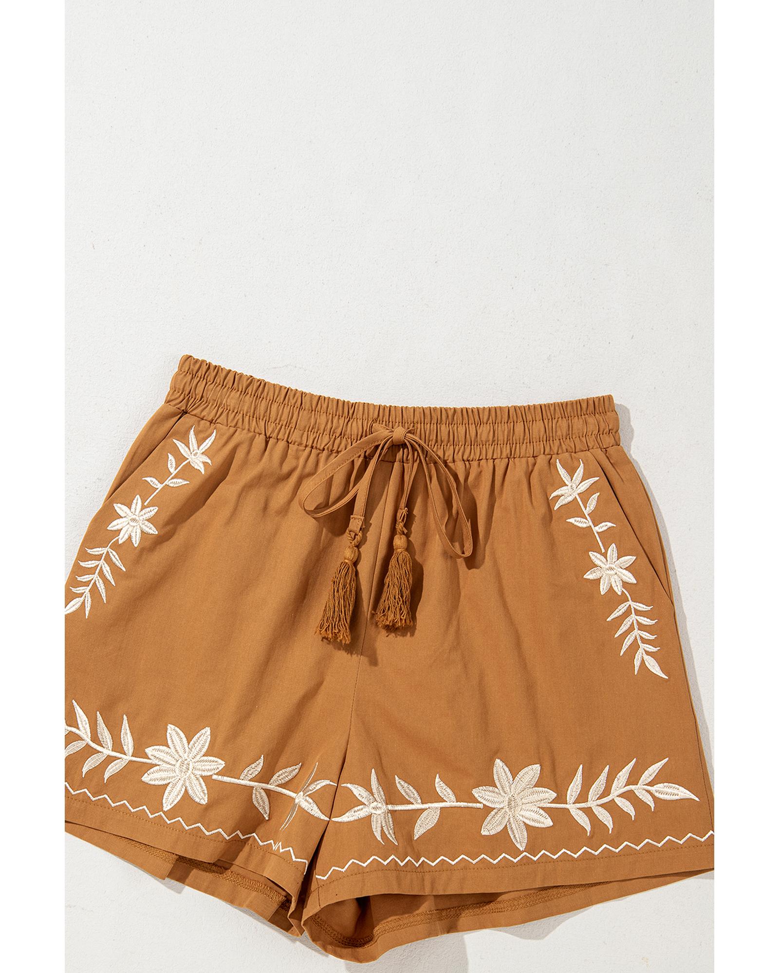 Khaki Embroidered Boho Tasseled Drawstring Elastic Waist Casual shorts - M 8