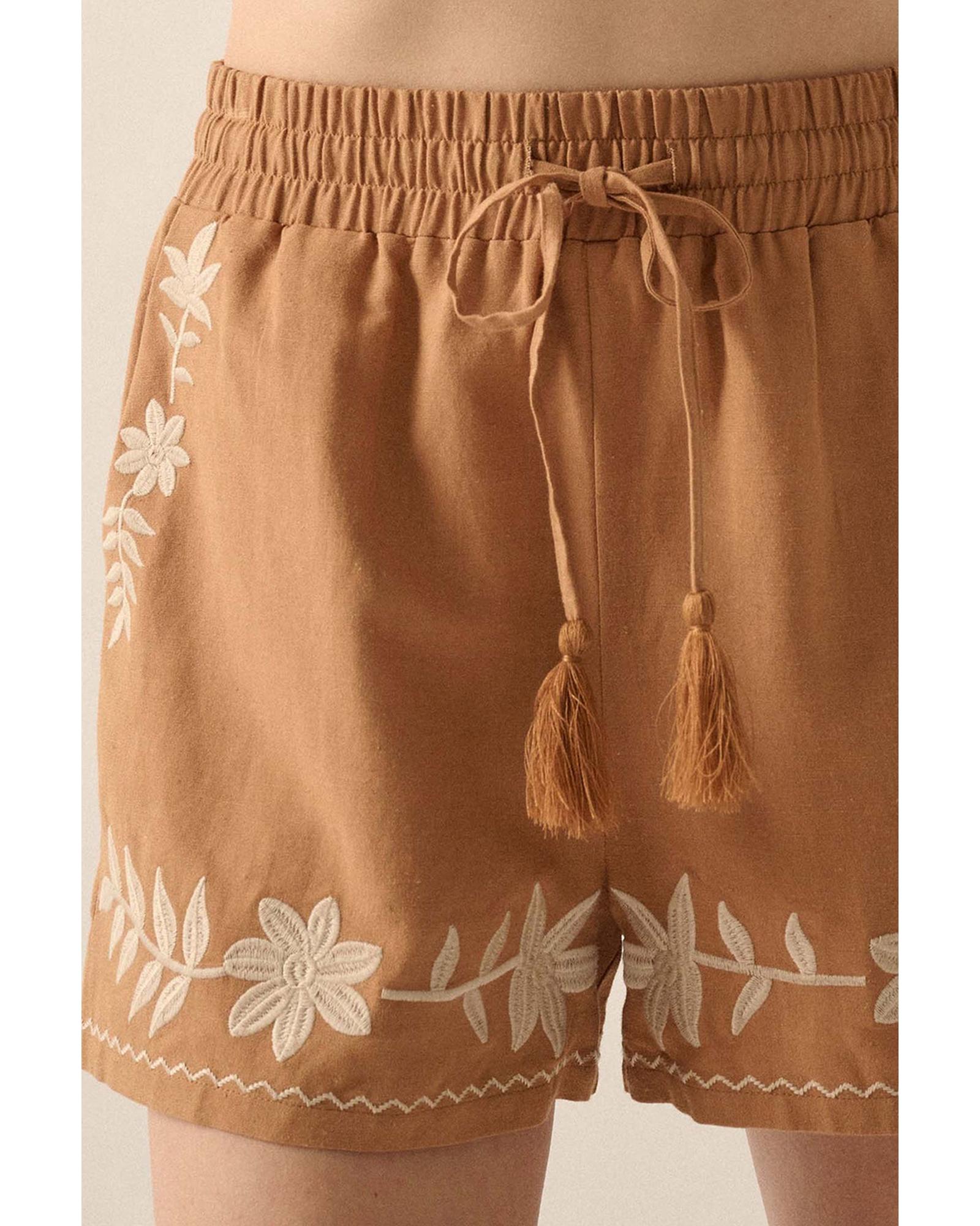 Khaki Embroidered Boho Tasseled Drawstring Elastic Waist Casual shorts - S 4