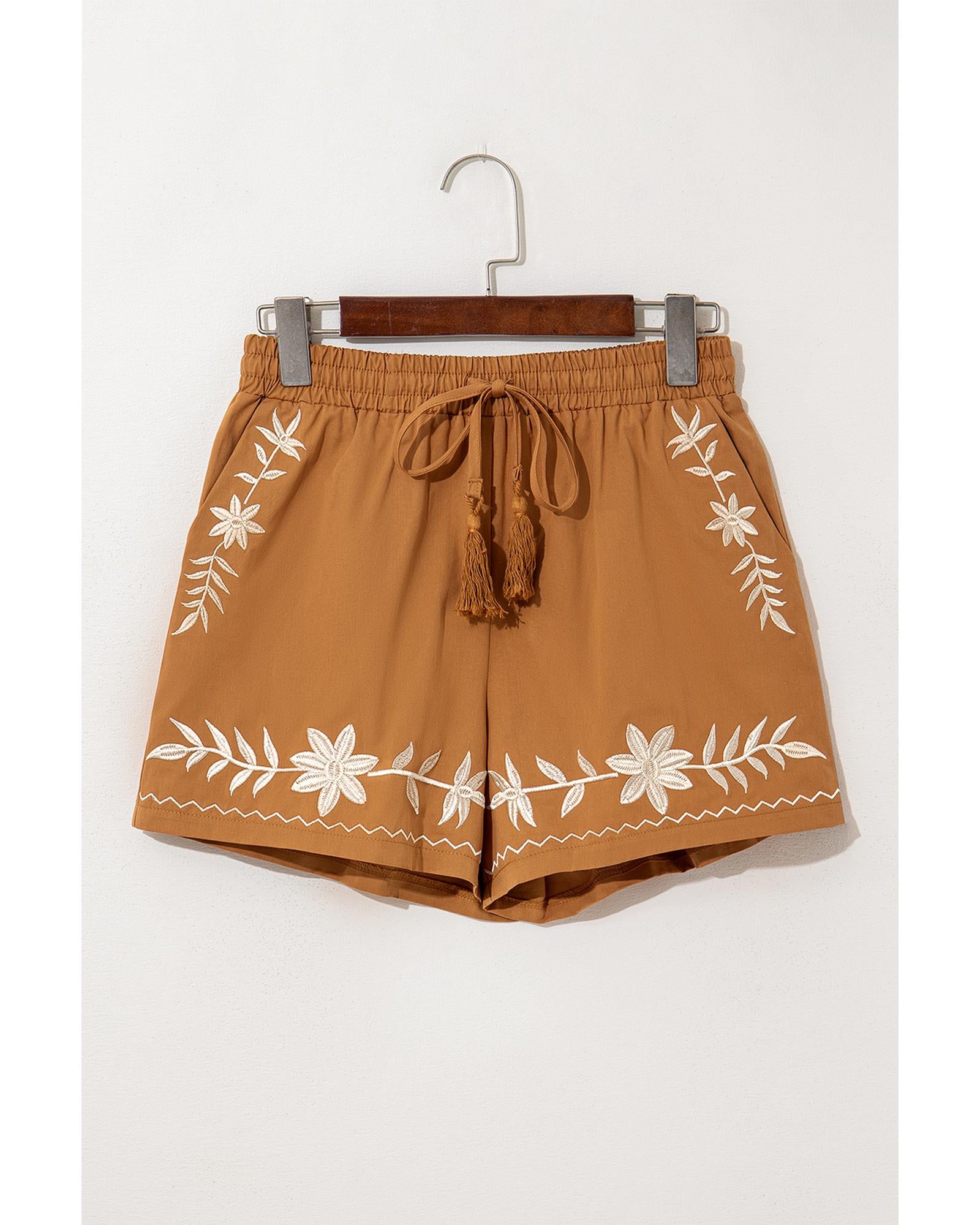 Khaki Embroidered Boho Tasseled Drawstring Elastic Waist Casual shorts - S 5