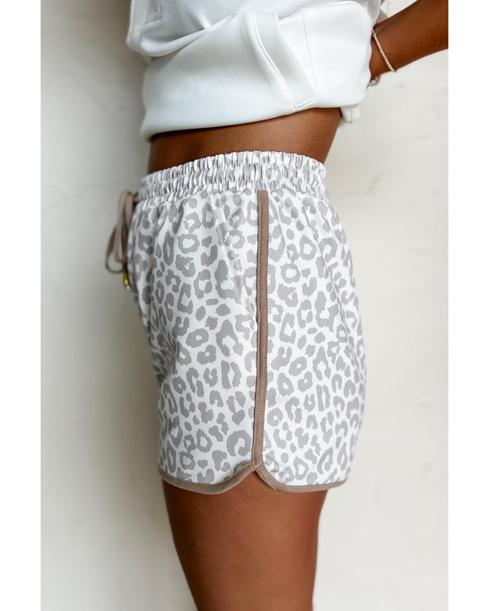 White Leopard Elastic Waist Lace up Contrast Trim Casual Shorts - M