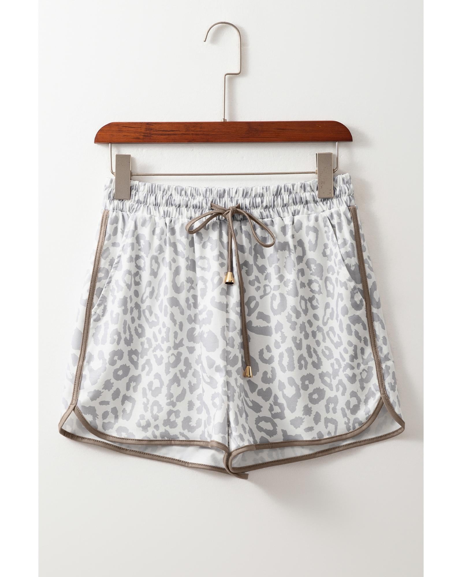 White Leopard Elastic Waist Lace up Contrast Trim Casual Shorts - XL 3