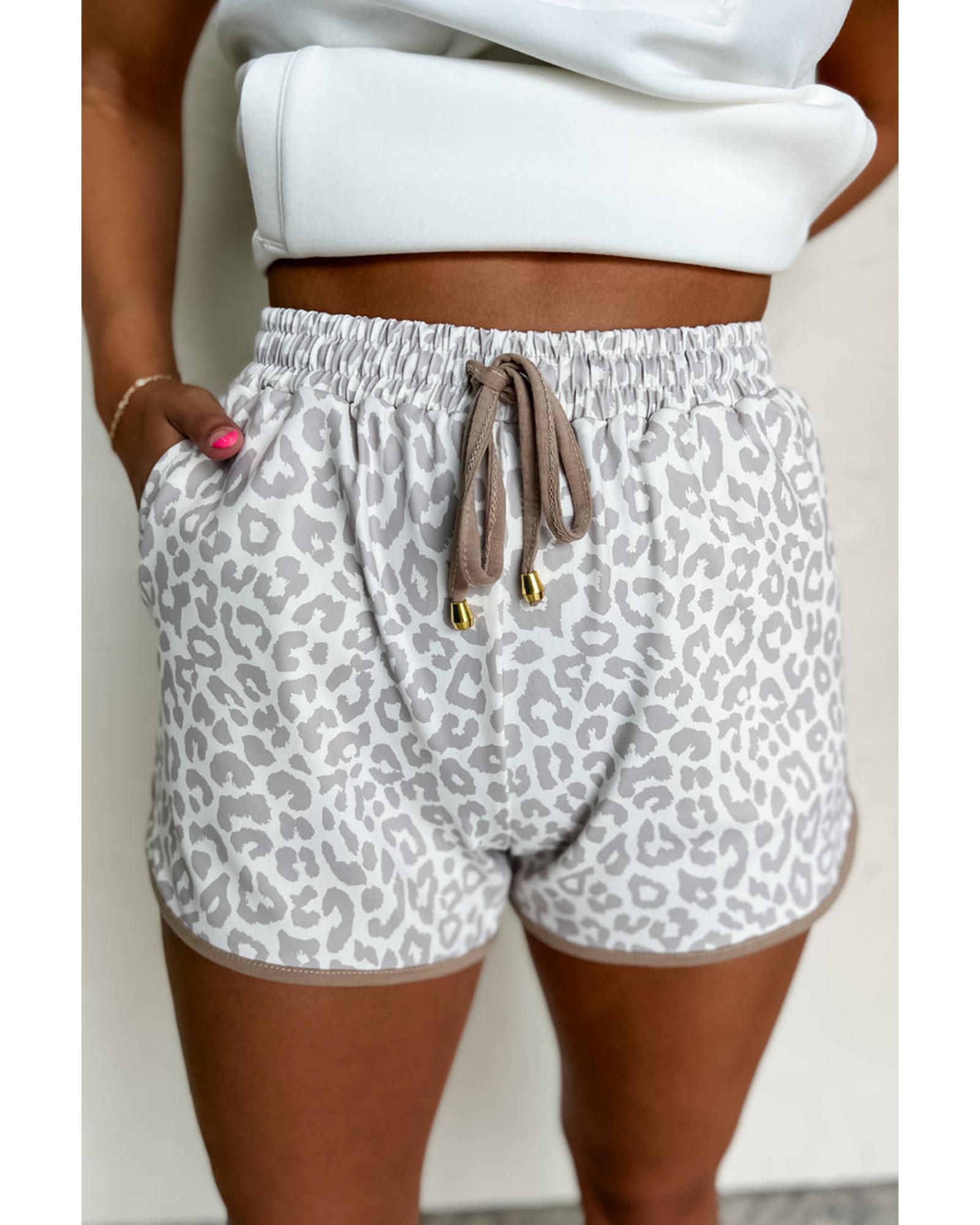 White Leopard Elastic Waist Lace up Contrast Trim Casual Shorts - XL 5