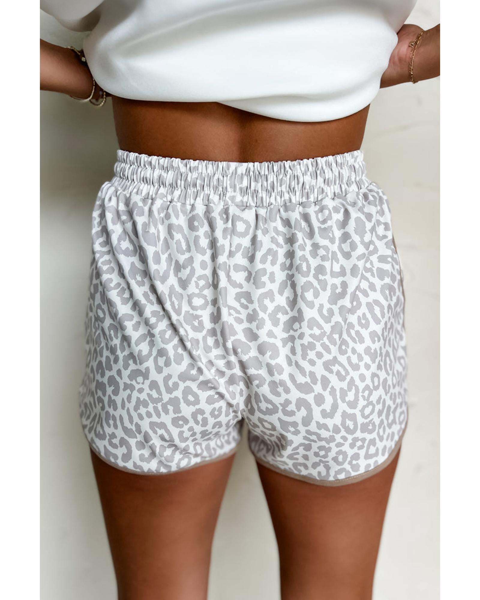 White Leopard Elastic Waist Lace up Contrast Trim Casual Shorts - XL 8