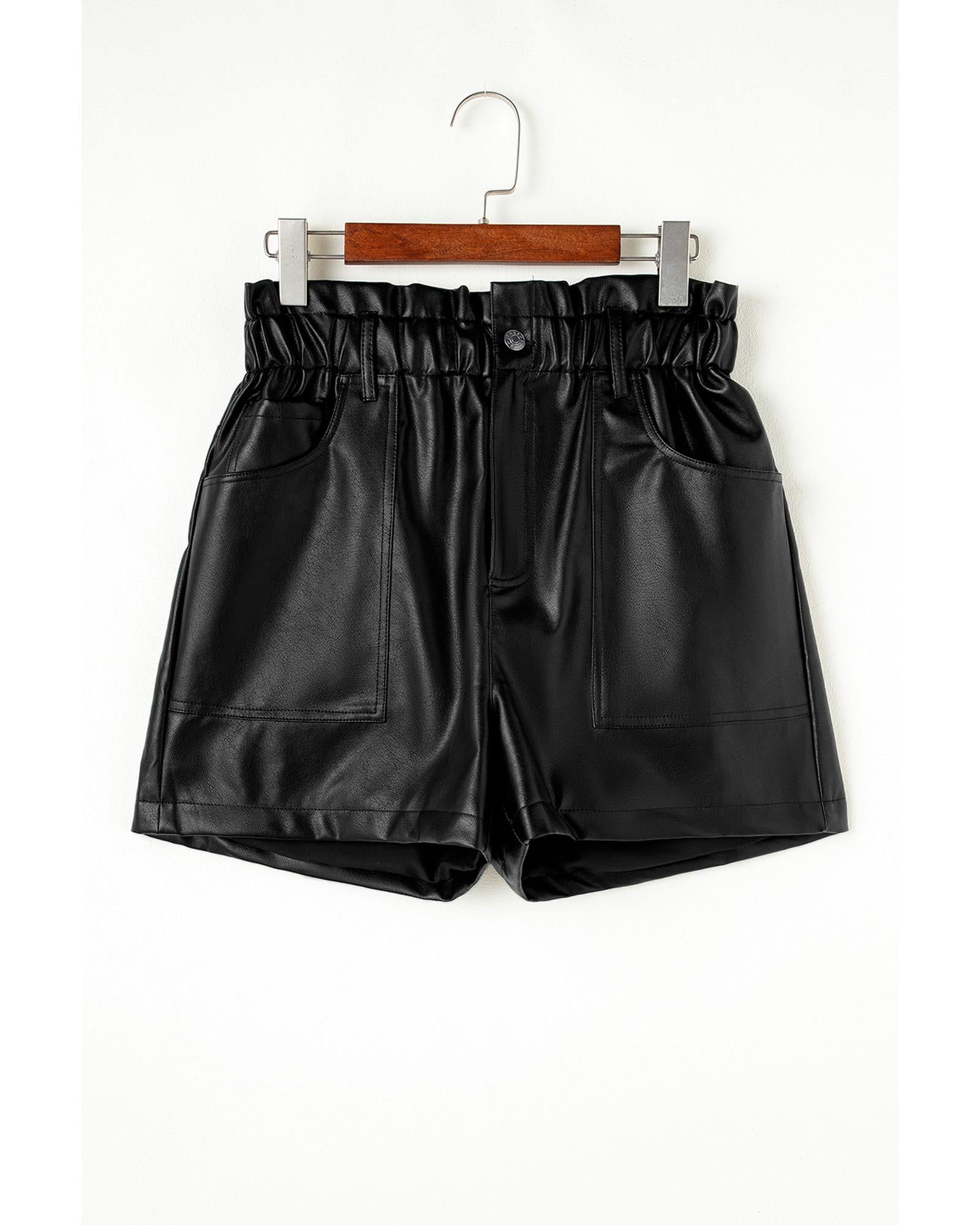 Black Faux Leather Paper Bag Waist High Rise Shorts - M 4
