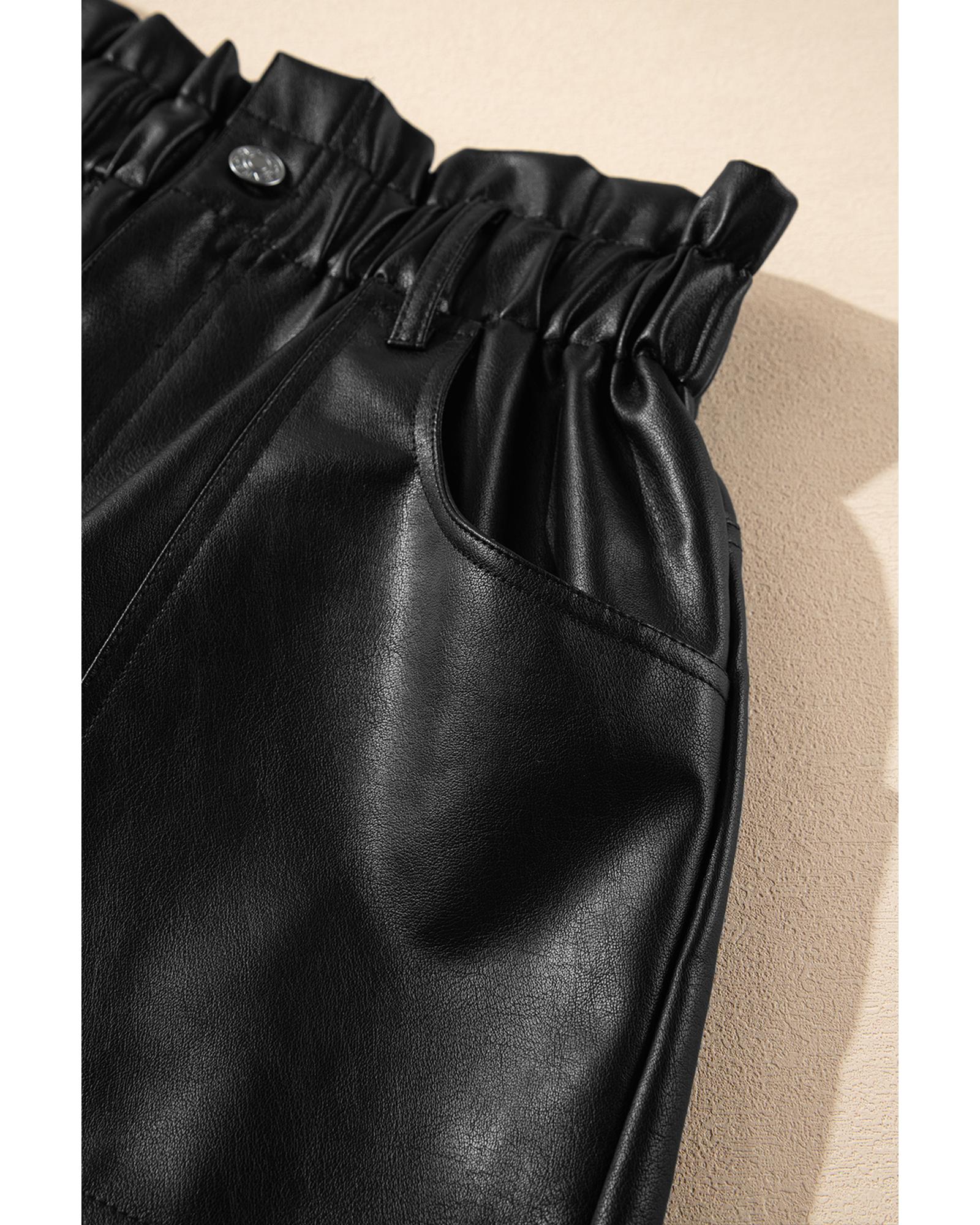 Black Faux Leather Paper Bag Waist High Rise Shorts - M 5