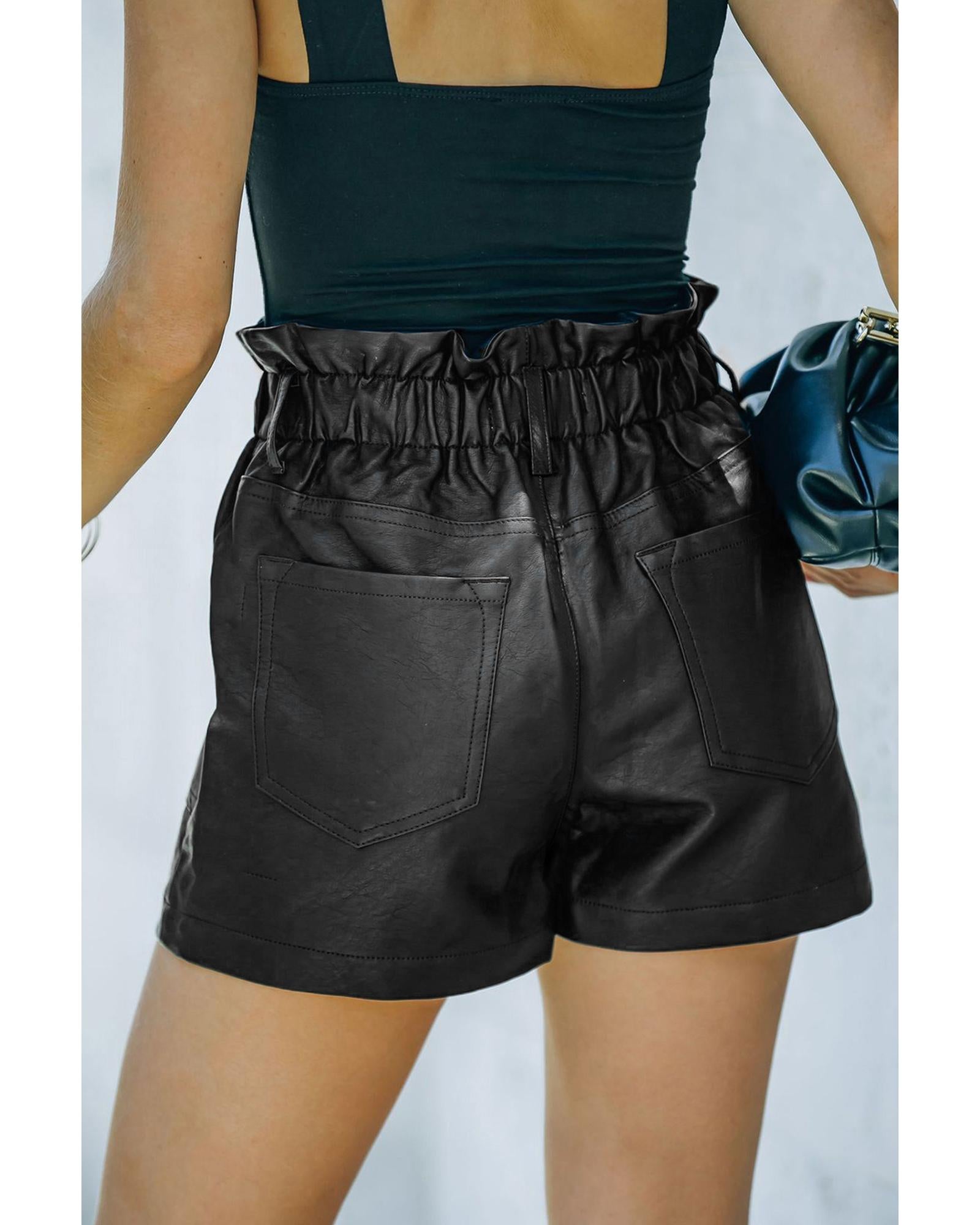 Black Faux Leather Paper Bag Waist High Rise Shorts - M 8