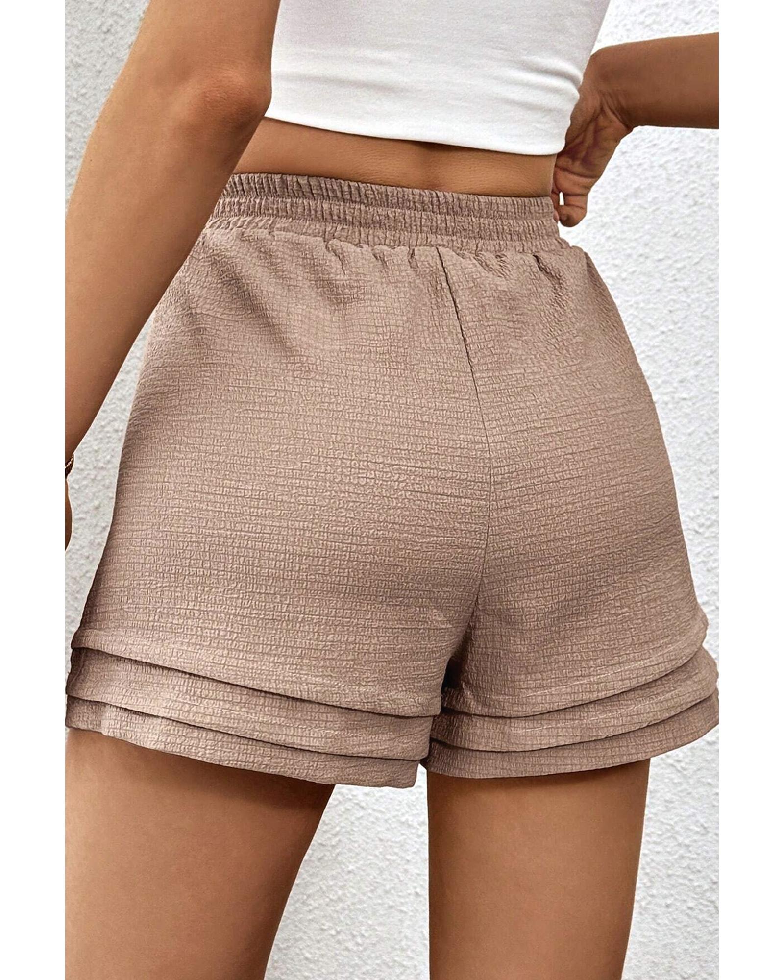 Straw Yellow Textured Tiered Edge High Waist Casual Shorts - M
