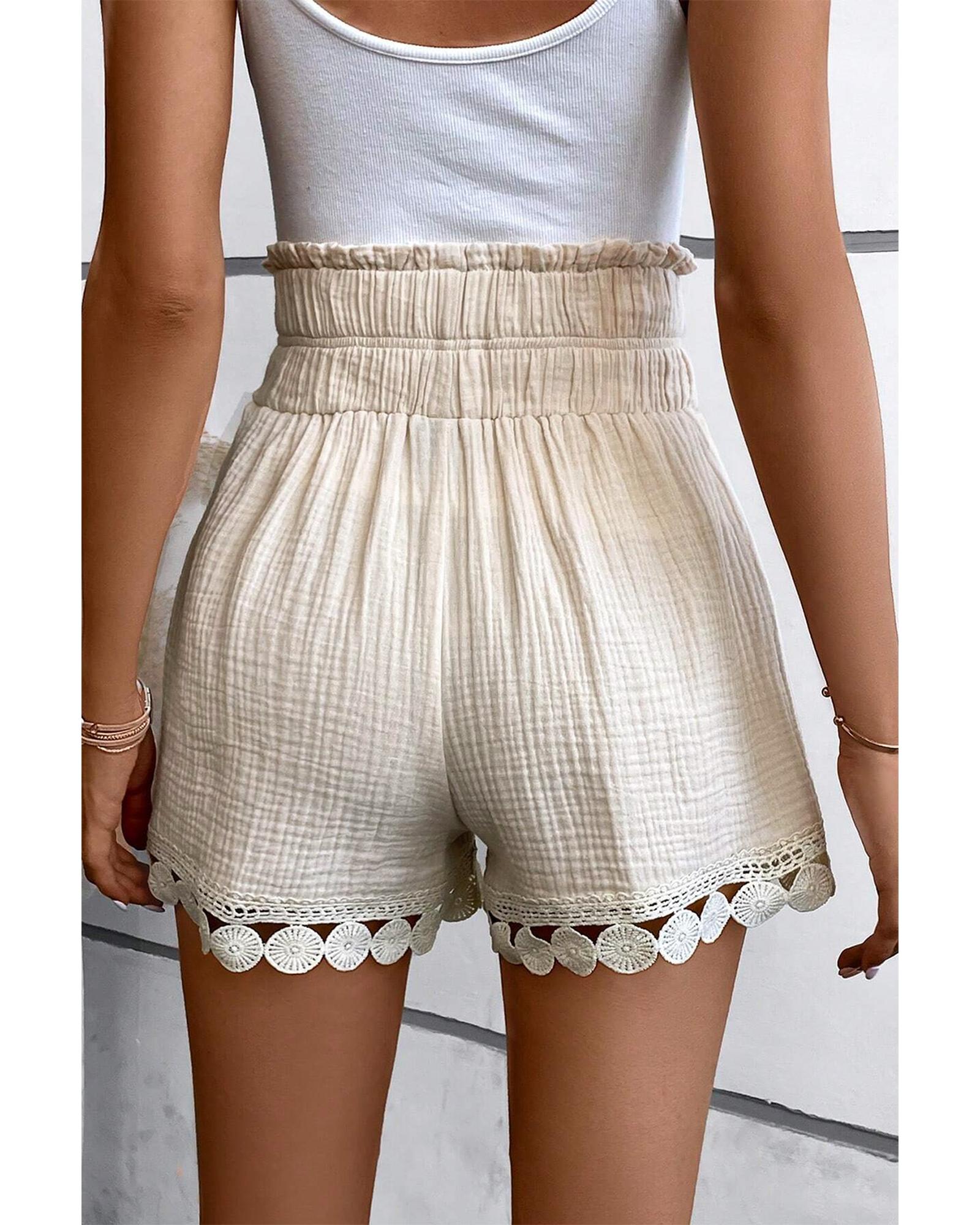 Apricot Textured Frilled Knotted High Waist Lace Hem Shorts - M
