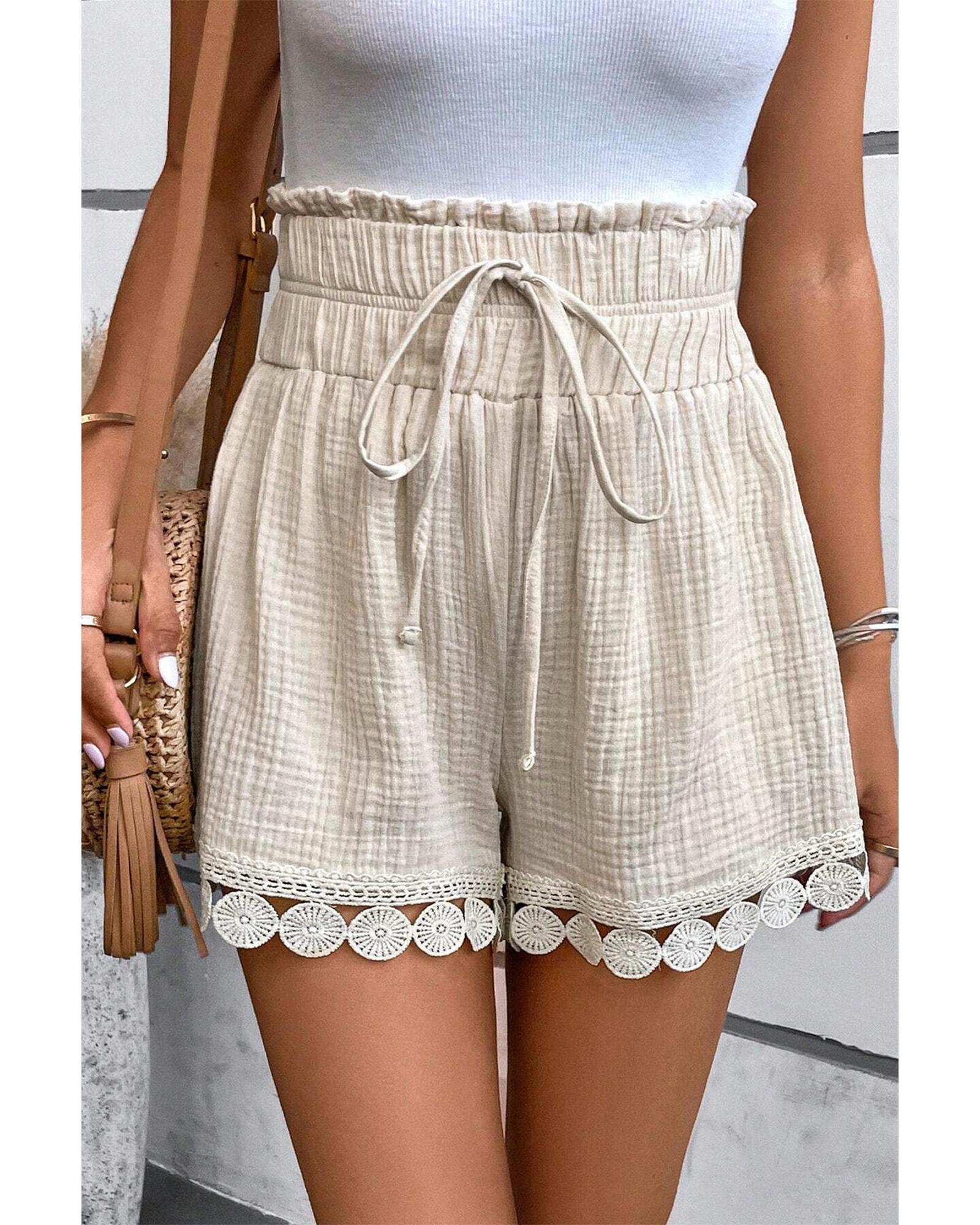 Apricot Textured Frilled Knotted High Waist Lace Hem Shorts - M 3