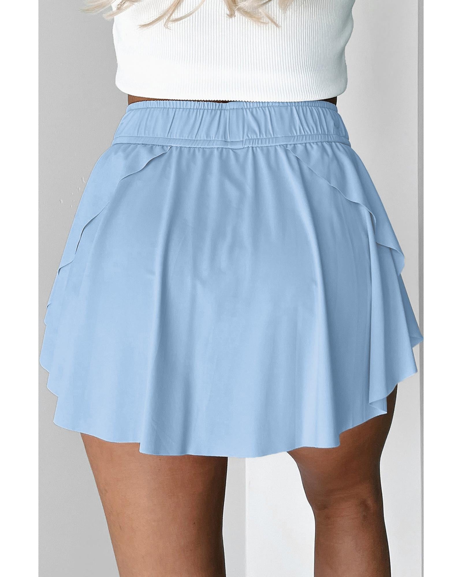 Sky Blue Drawstring High Waist Lined Tennis Skorts - S