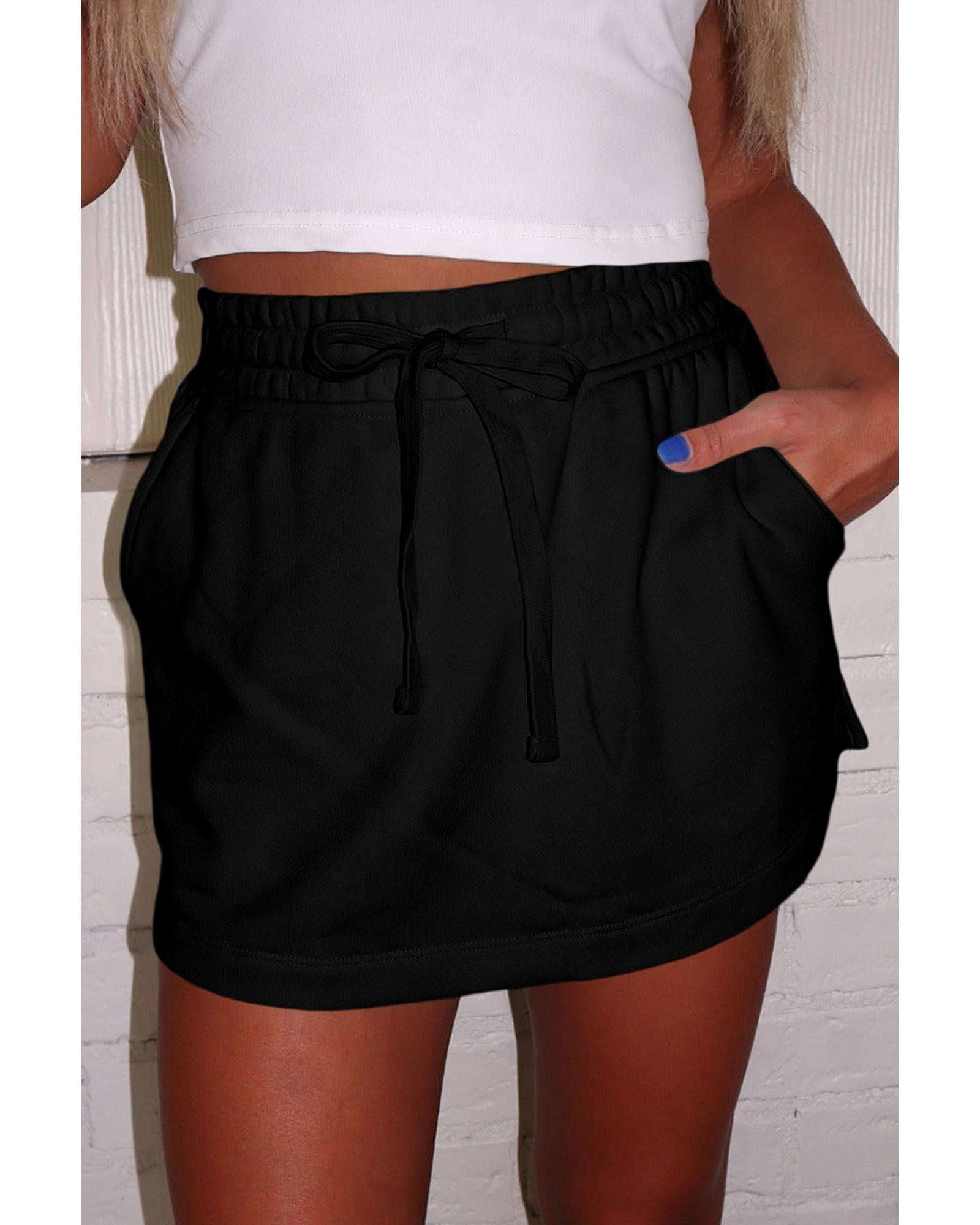 Black French Terry Drawstring Mini Skort with Pockets - M