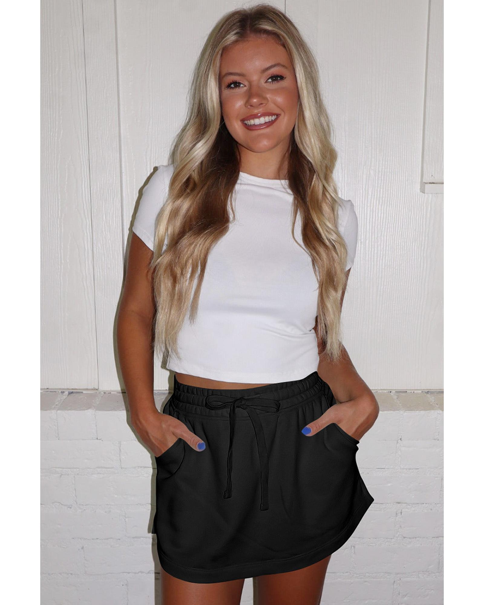 Black French Terry Drawstring Mini Skort with Pockets - M 4