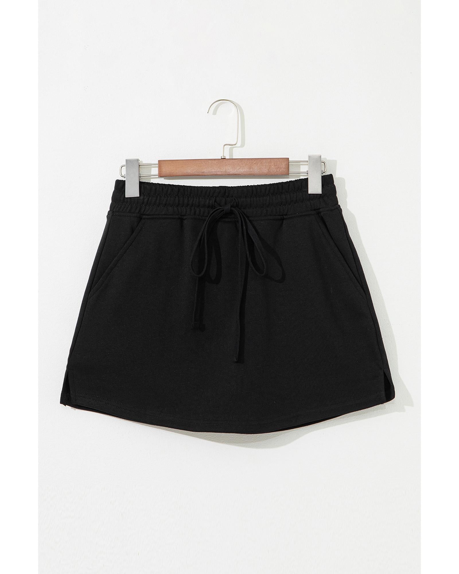 Black French Terry Drawstring Mini Skort with Pockets - S 6