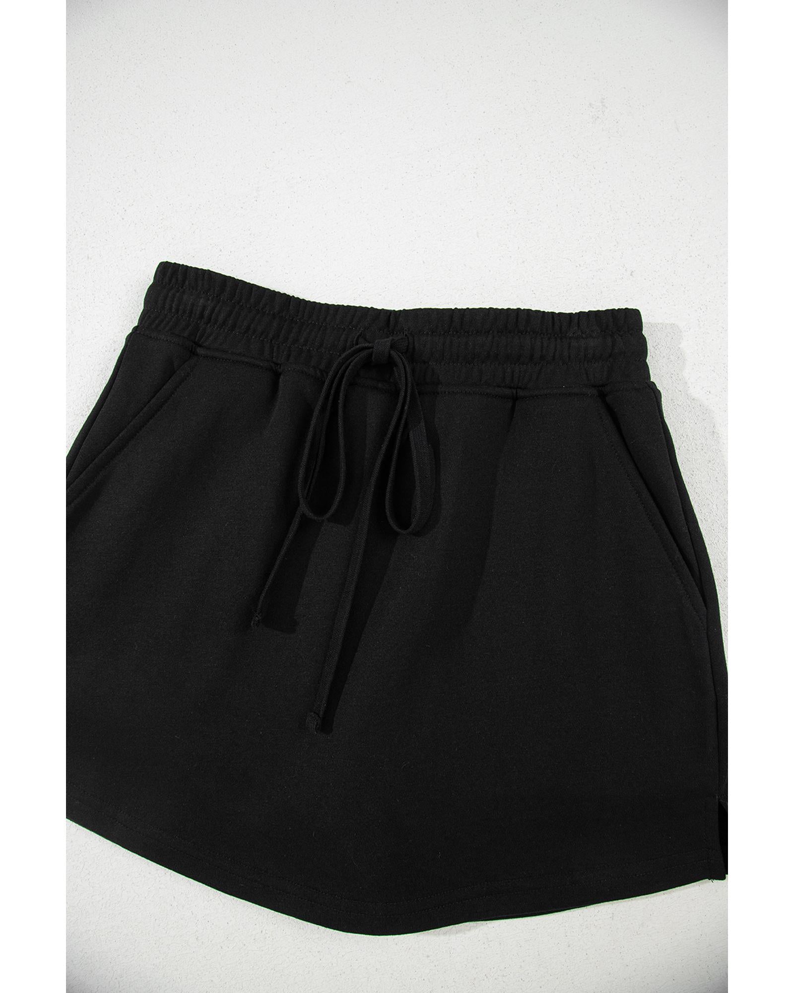 Black French Terry Drawstring Mini Skort with Pockets - S 8