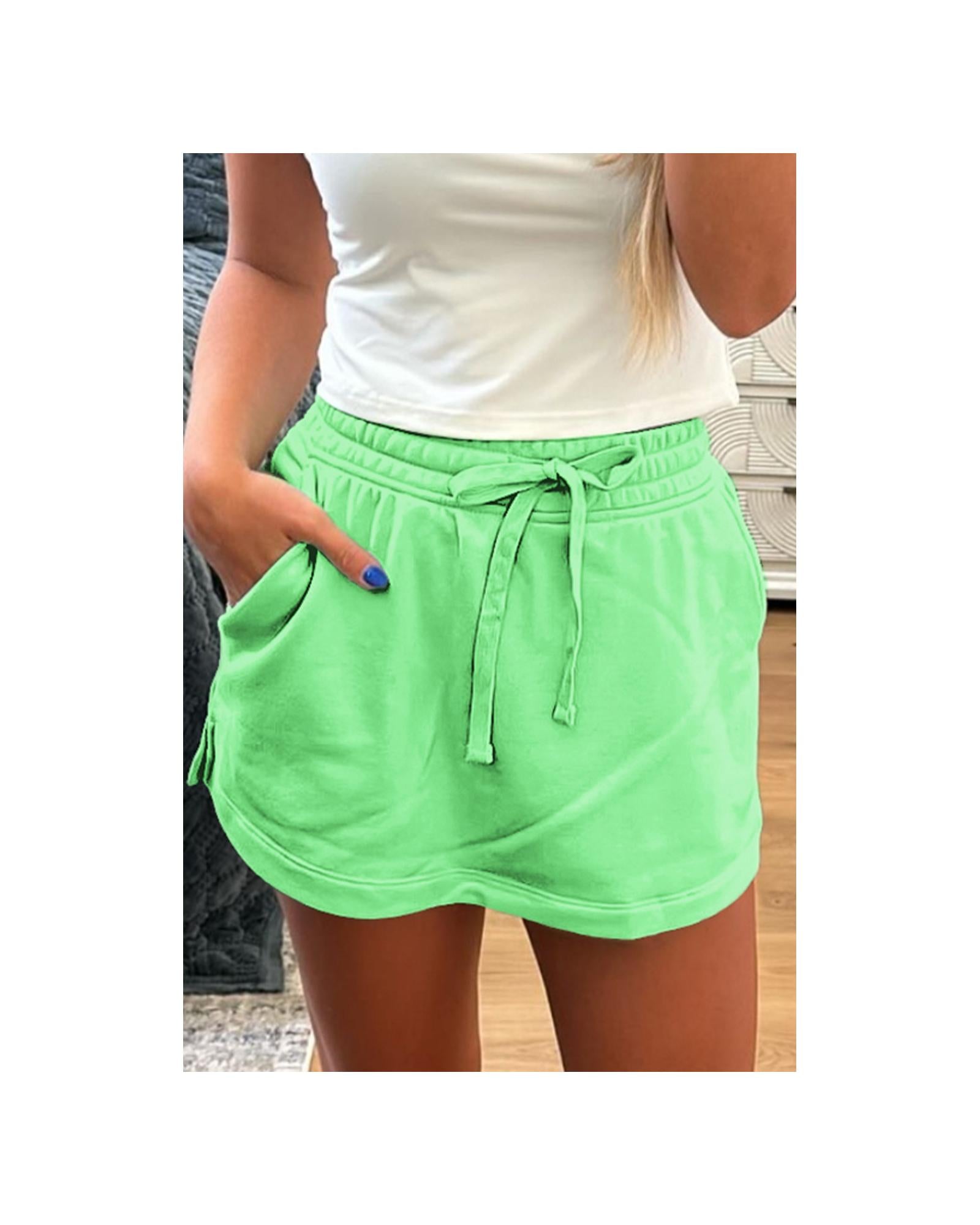 Light Green French Terry Drawstring Mini Skort with Pockets - L