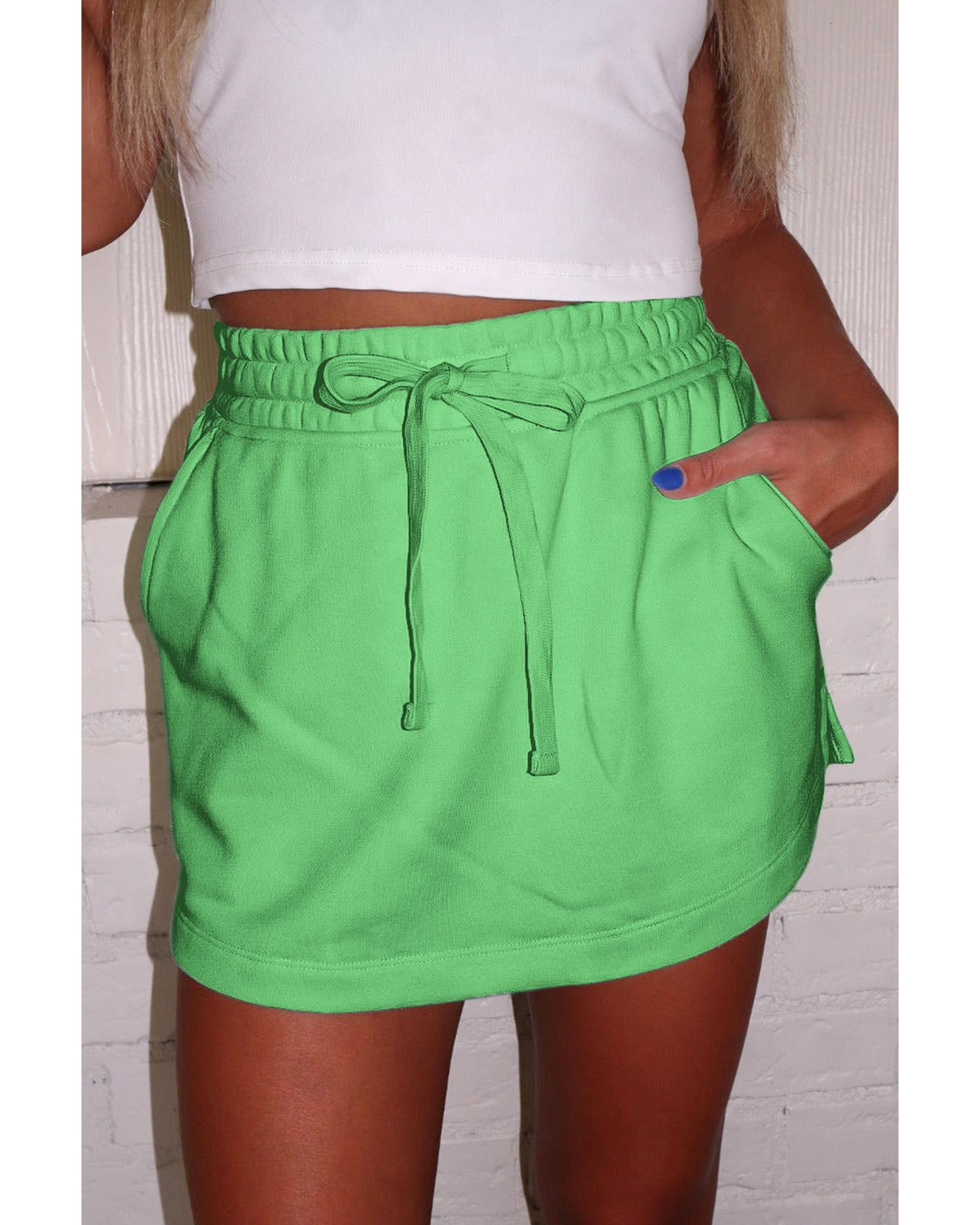 Light Green French Terry Drawstring Mini Skort with Pockets - M 3